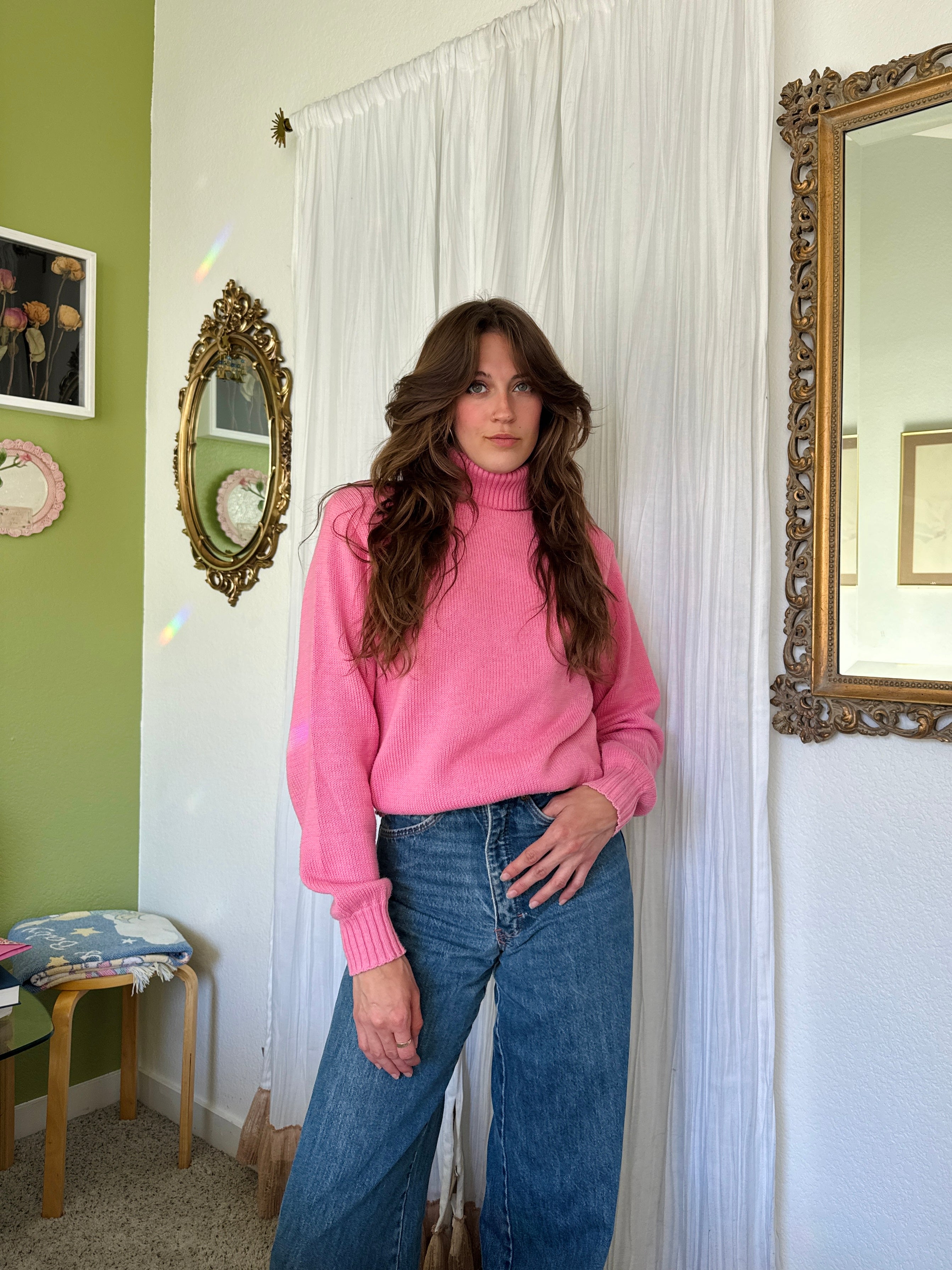80s Barbie Pink Cotton Turtleneck Sweater