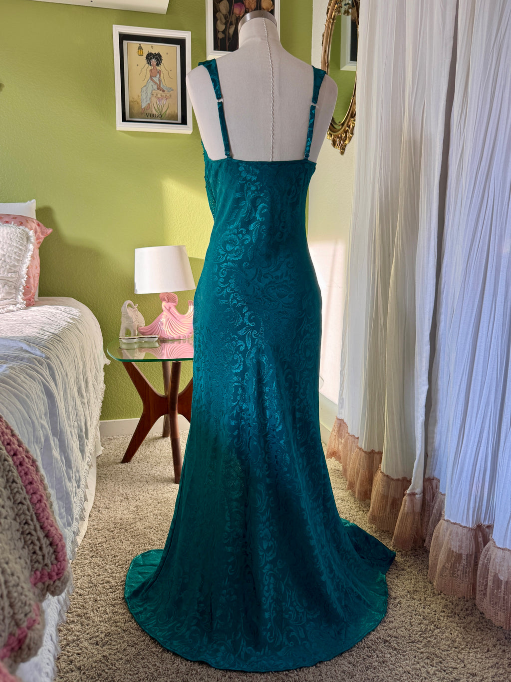 80s Emerald Green Victoria’s Secret Jacquard Beaded Lace Mermaid Slip Dress