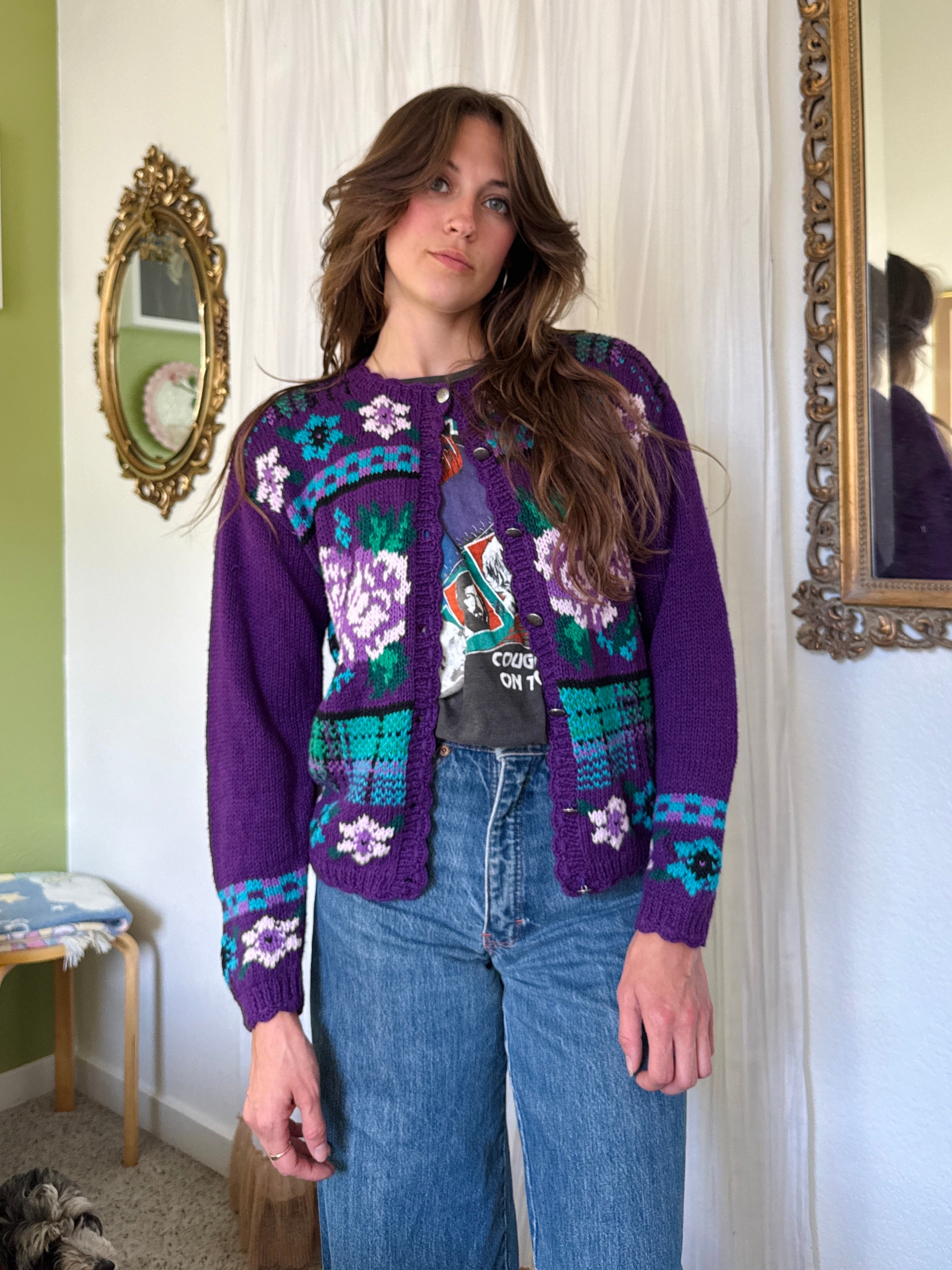 80s Purple Floral Plaid Granny Cardigan Sweater