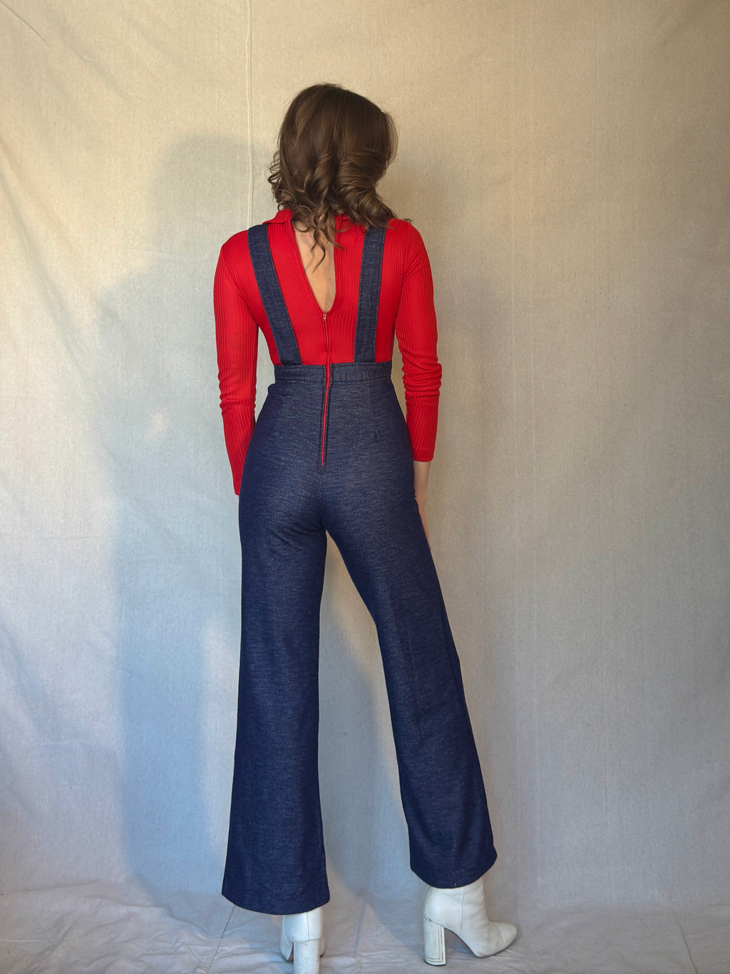 70s Red Apple Peter Pan Collar Overall Jumpsuit