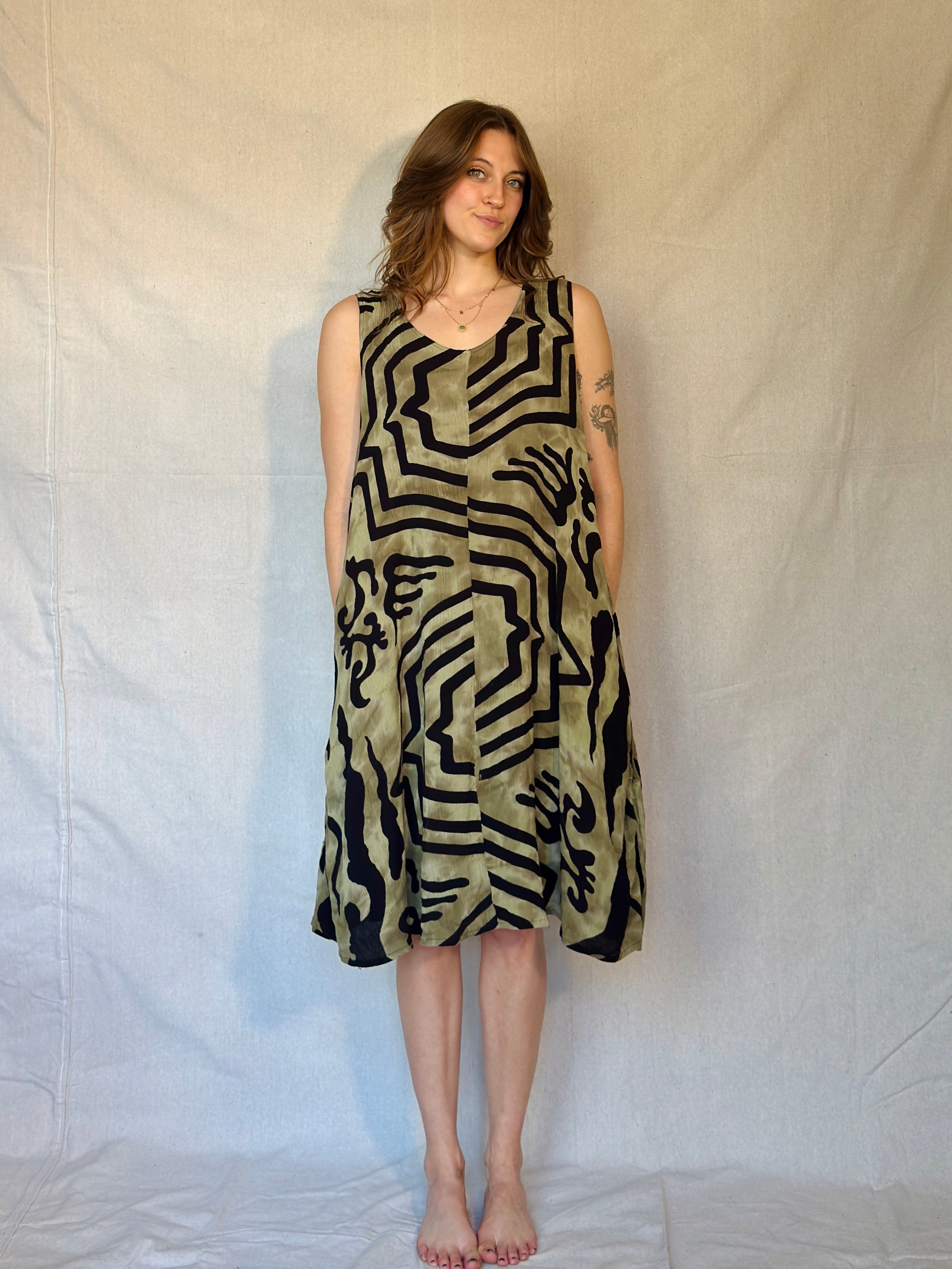 90s Green Sleeveless Rayon Tent Dress