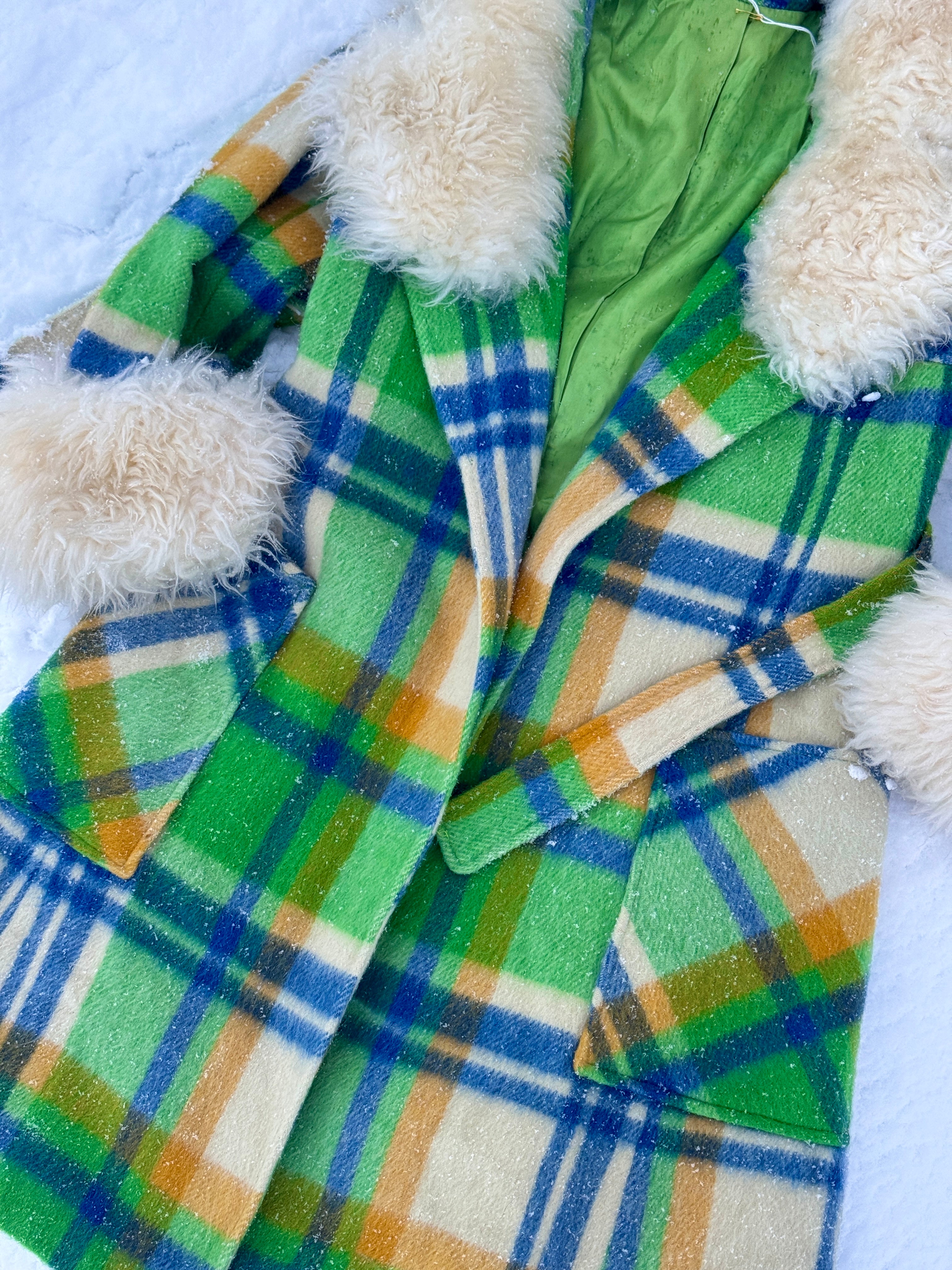 60s Union Made Green Plaid Wool Belted Coat