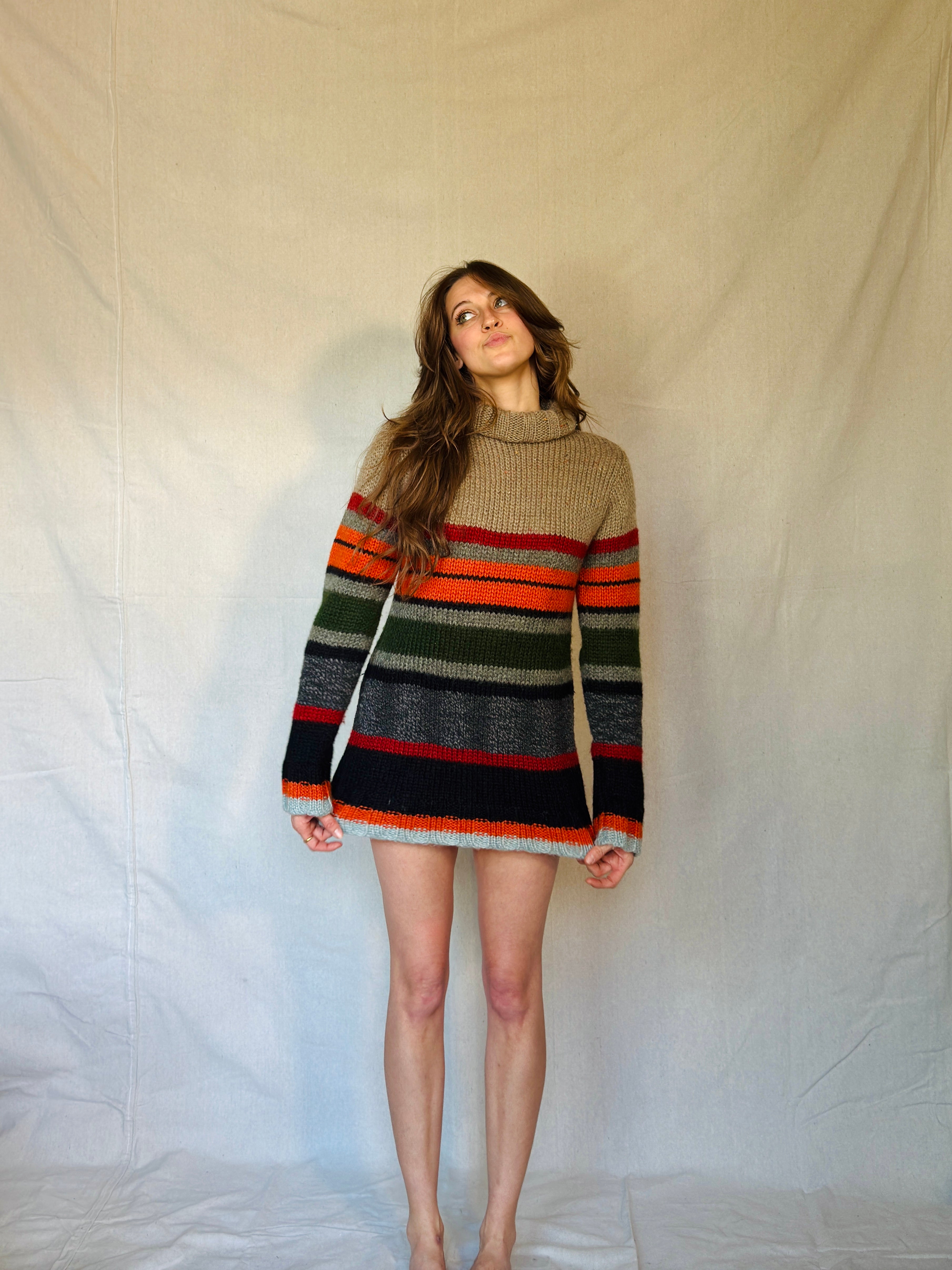 Vintage Striped Wool Knit Mini Sweater Dress