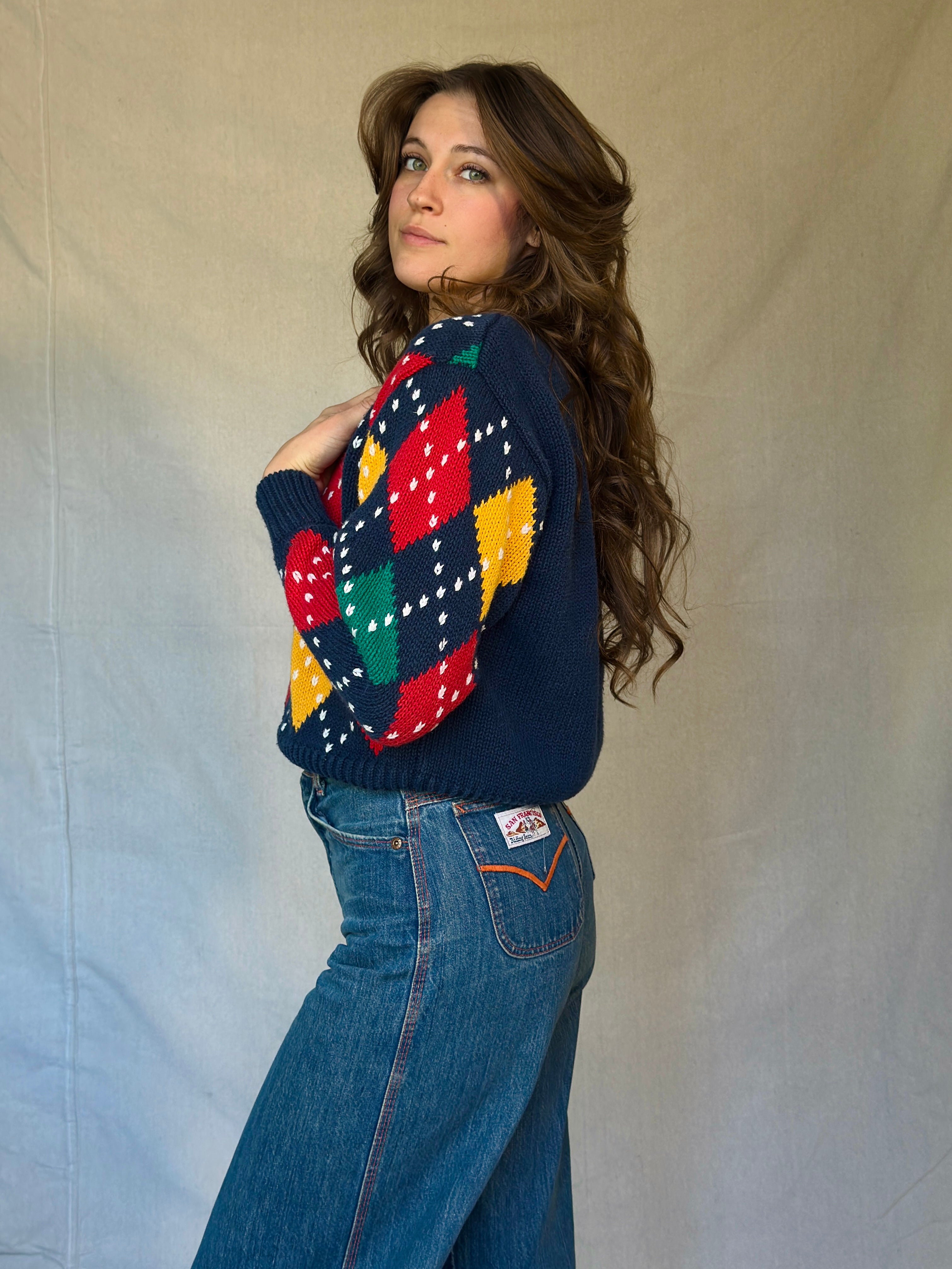 80s Chunky Blue Argyle Sweater