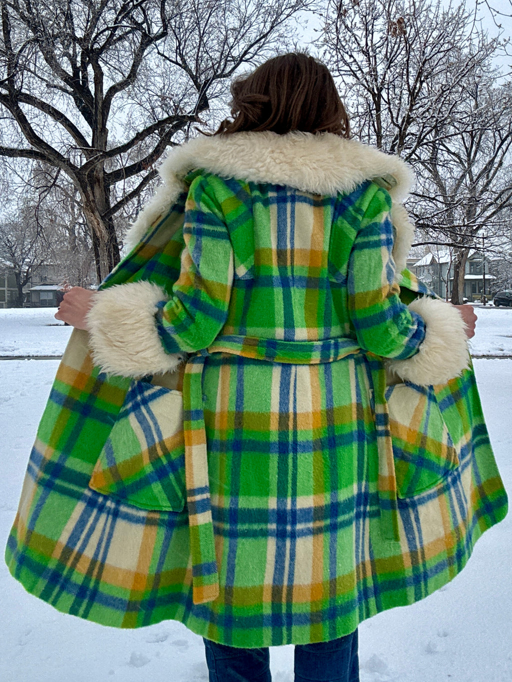 60s Union Made Green Plaid Wool Belted Coat