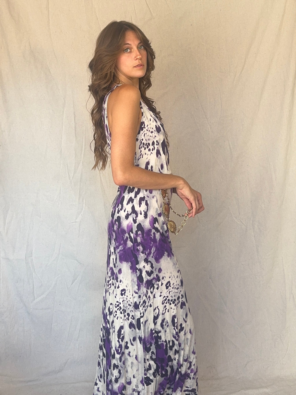 90s Purple Leopard Print Maxi Slip Dress