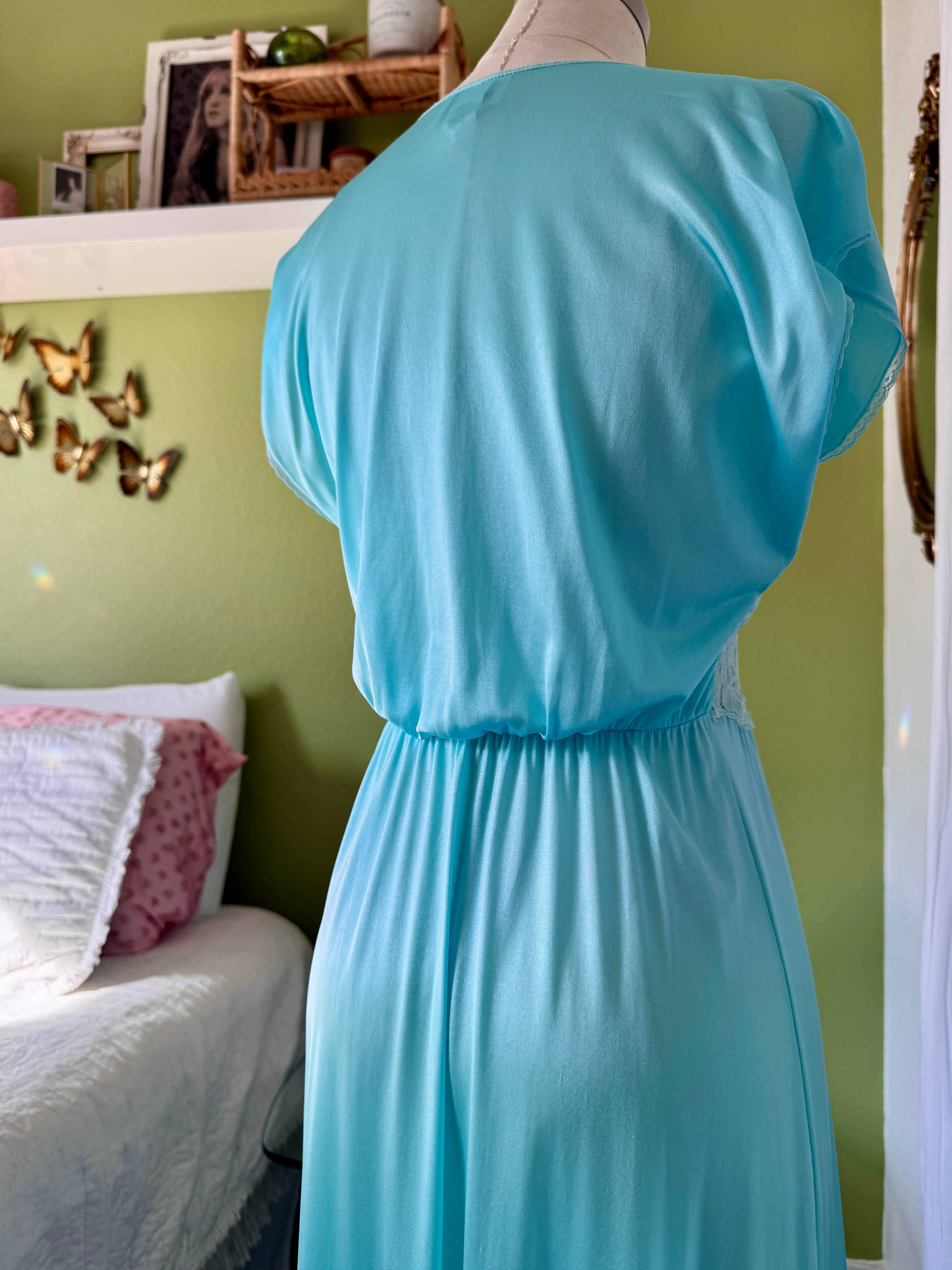 70s Turquoise Blue Nylon Neglige & Peignoir Set