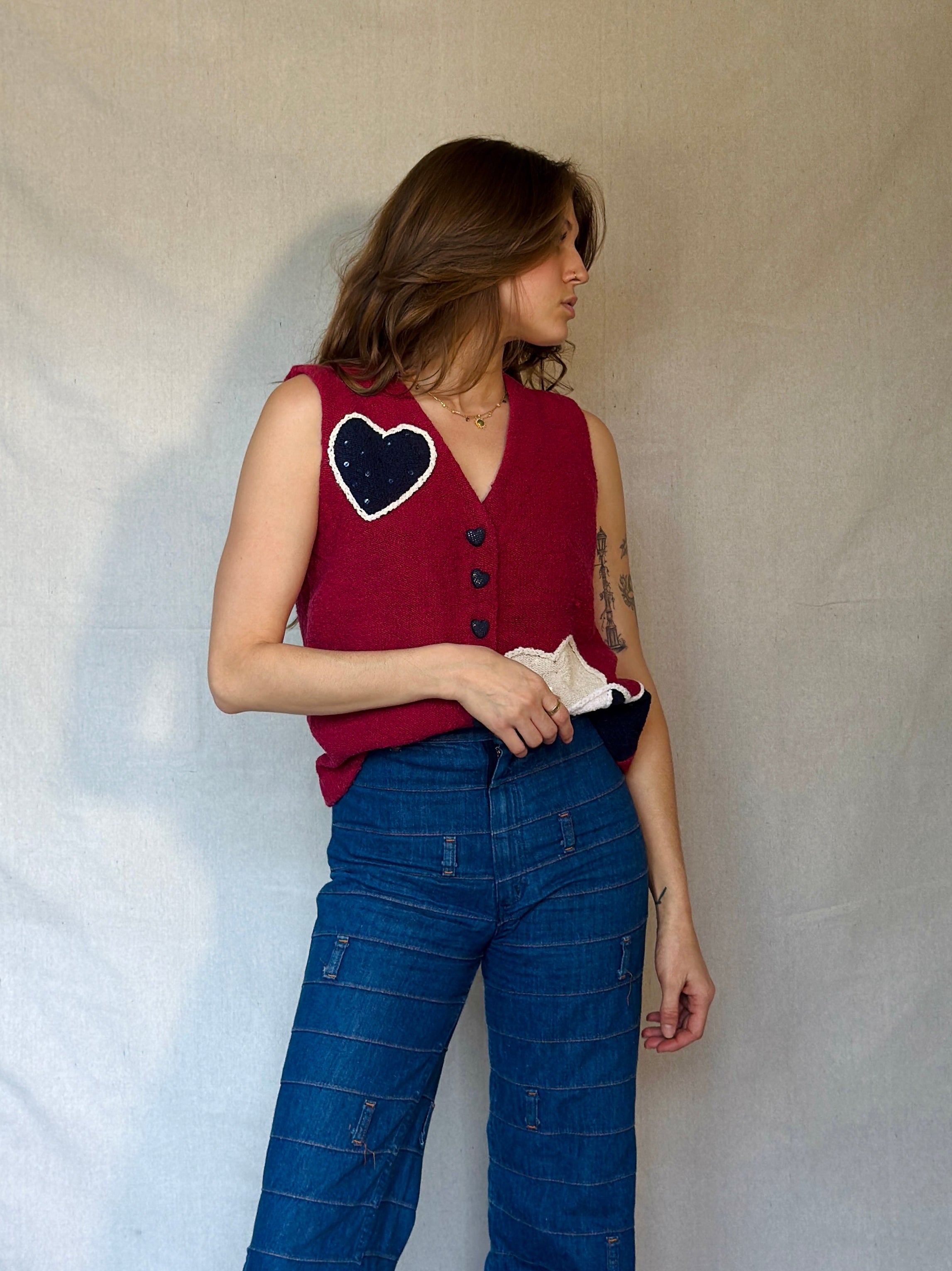 Y2K Red Cotton Knit Heart Sweater Vest