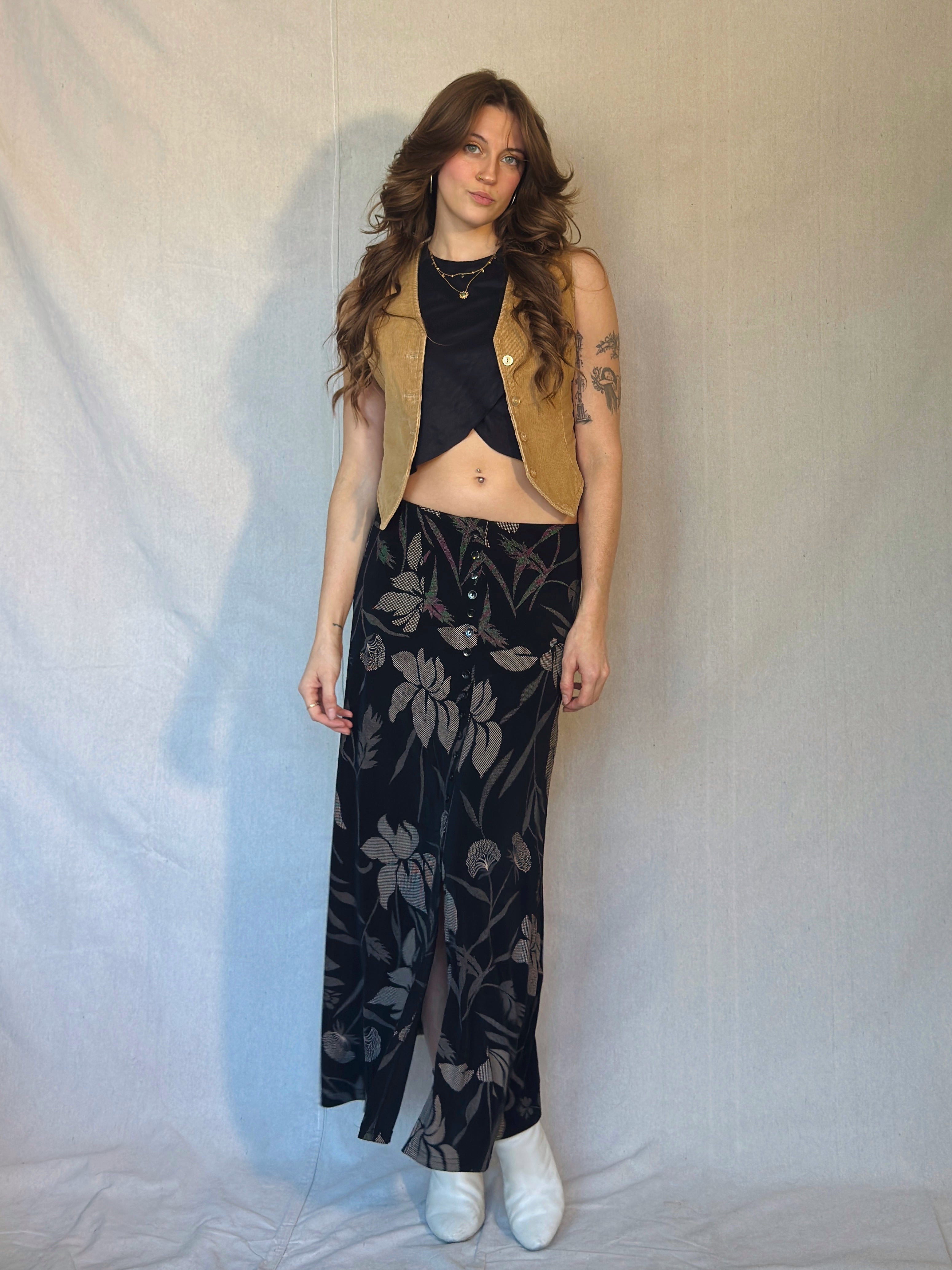 90's Black Floral Button Front Midi Skirt