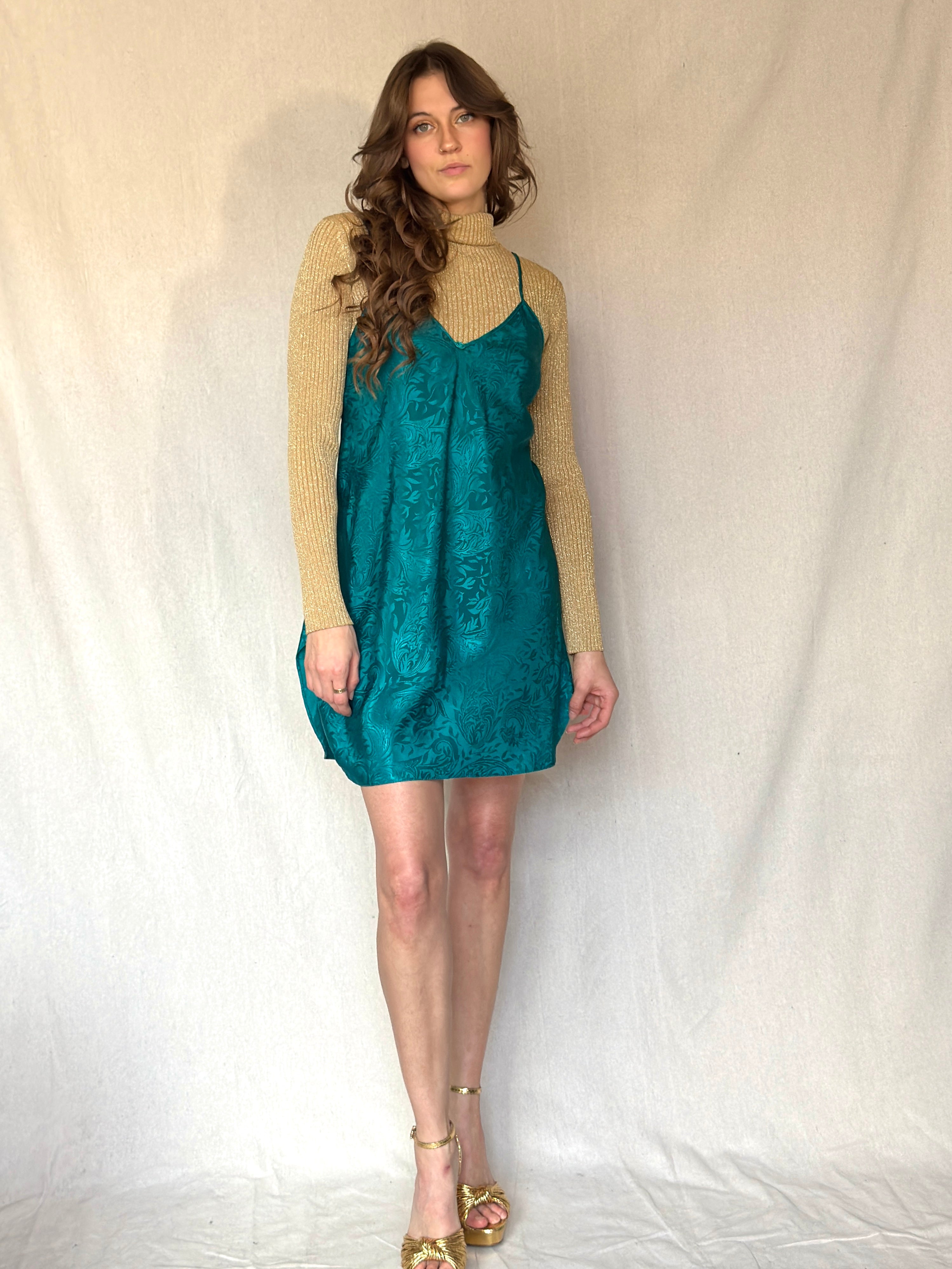 90s Jewel Tone Satin Brocade Slip Dress