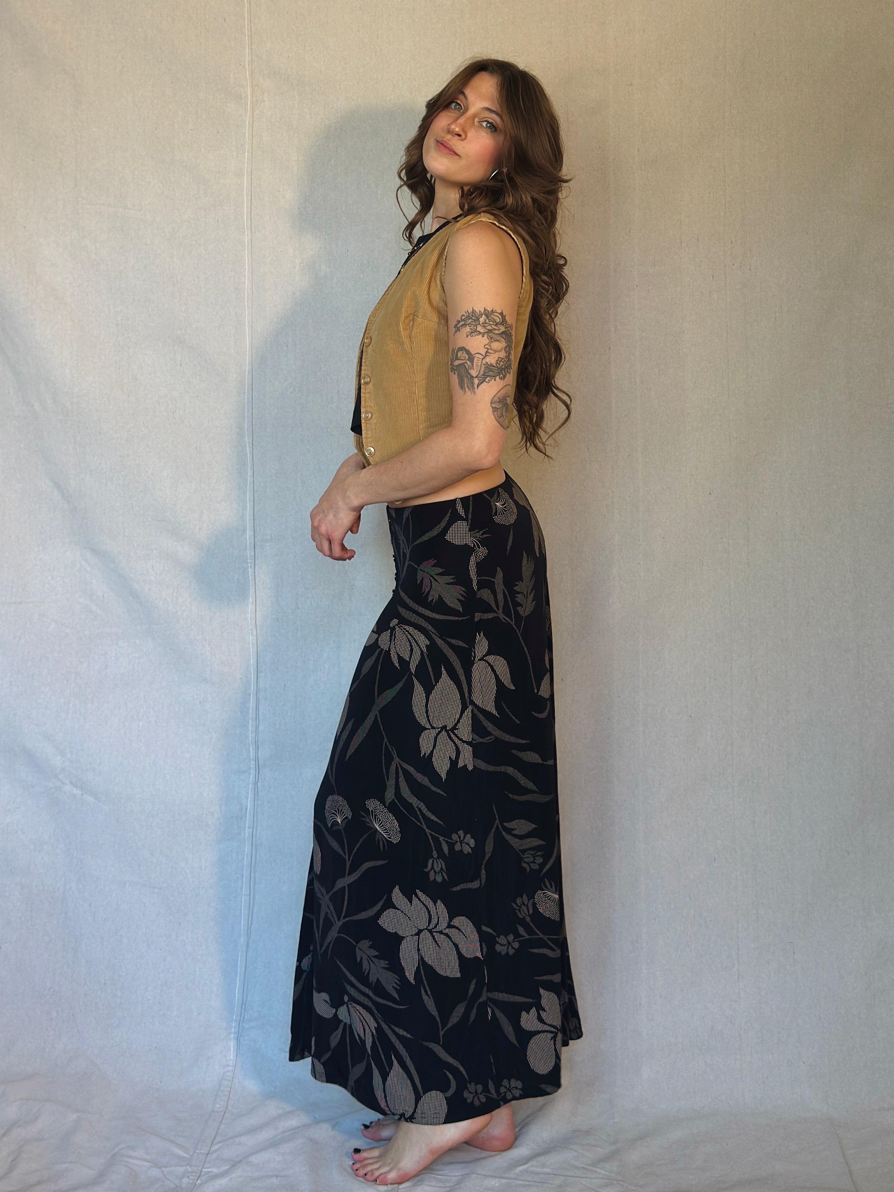 90's Black Floral Button Front Midi Skirt