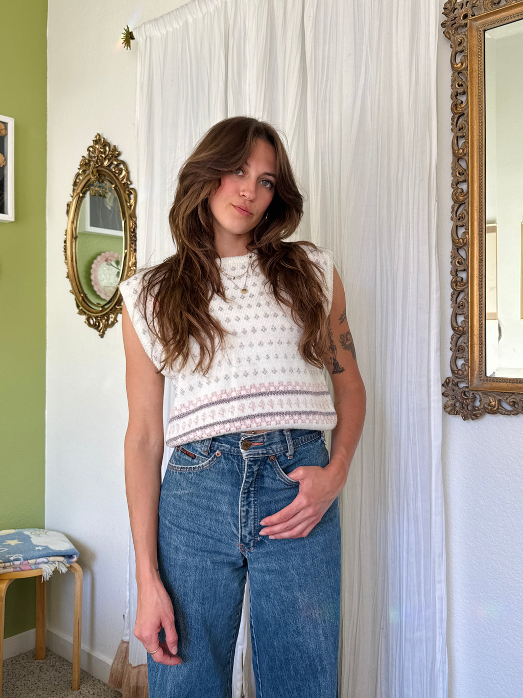 80s Cream Floral Knit Sweater Vest