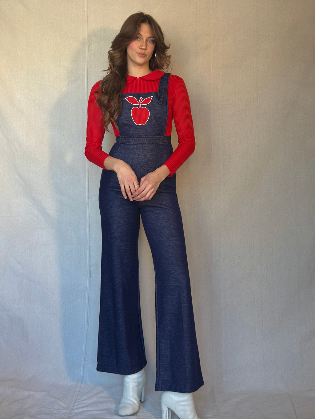 70s Red Apple Peter Pan Collar Overall Jumpsuit