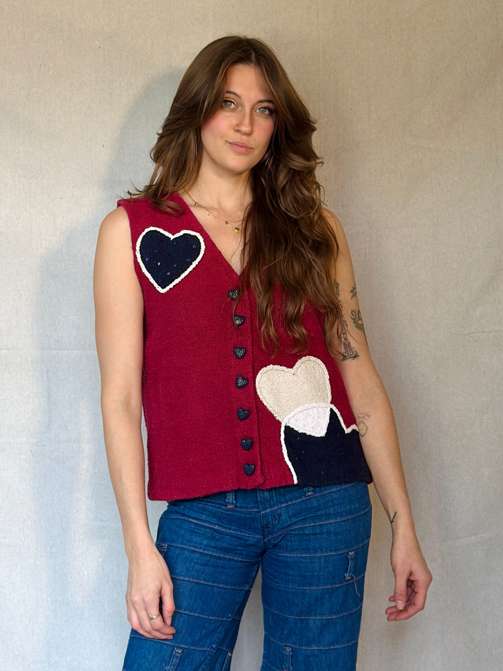 Y2K Red Cotton Knit Heart Sweater Vest