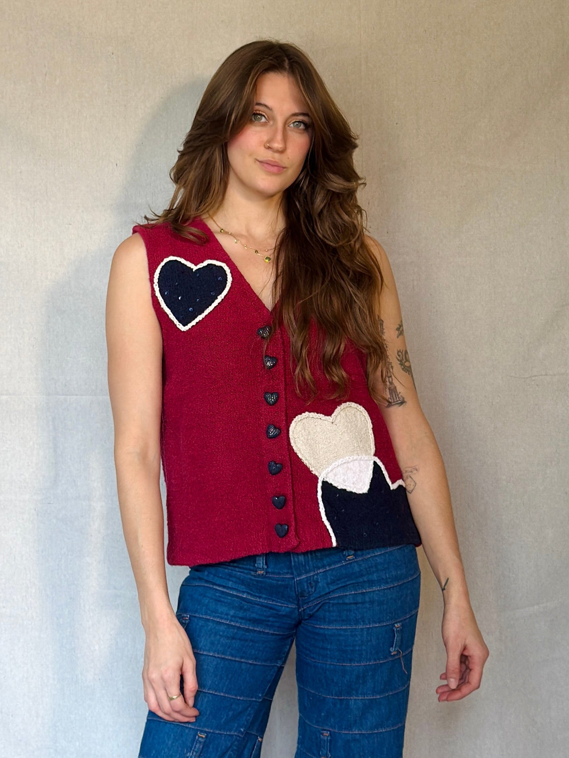 Y2K Red Cotton Knit Heart Sweater Vest