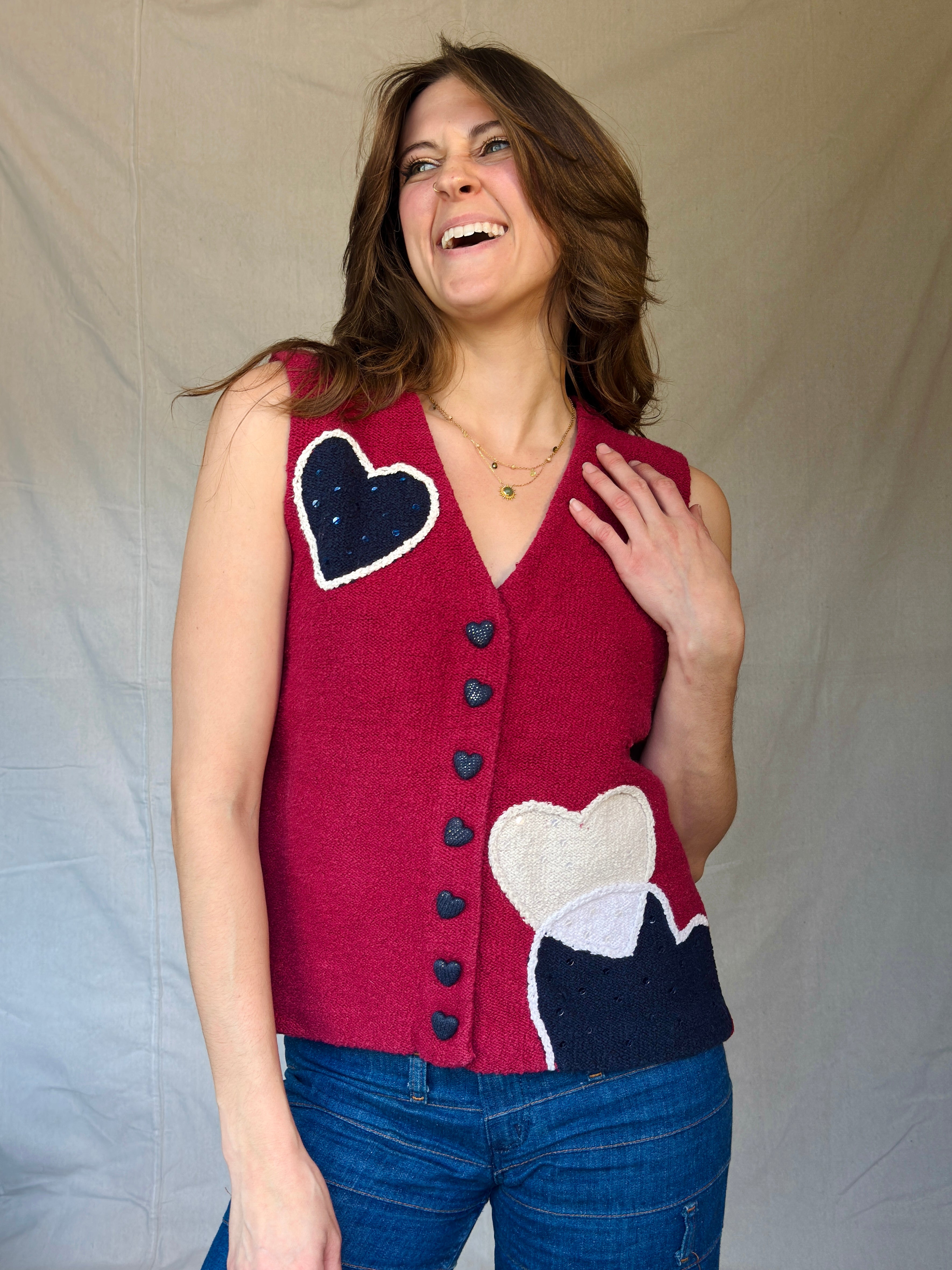 Y2K Red Cotton Knit Heart Sweater Vest