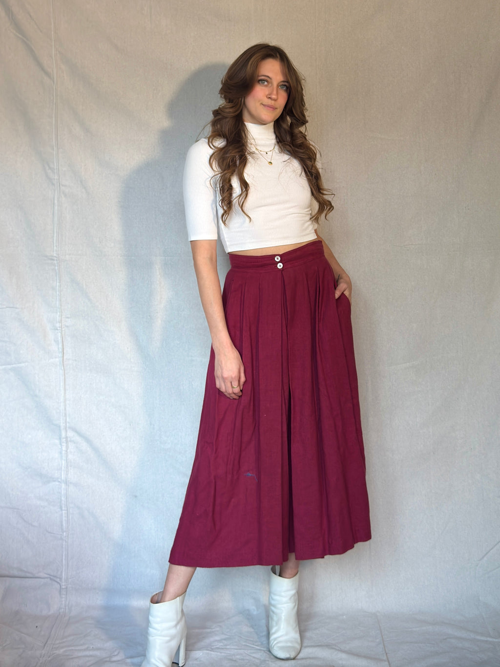 70s Burgundy Pleated Midi Skirt