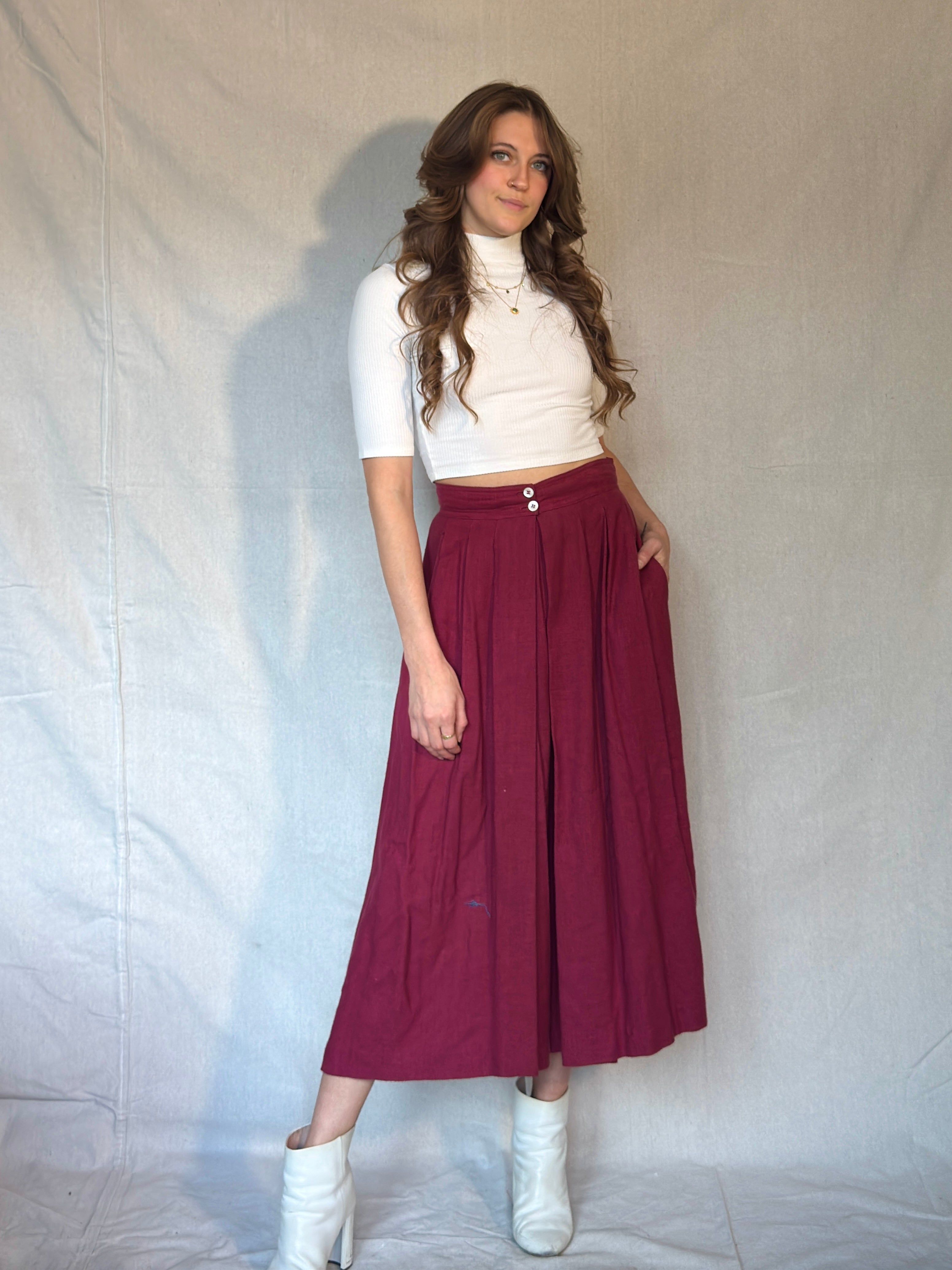70s Burgundy Pleated Midi Skirt