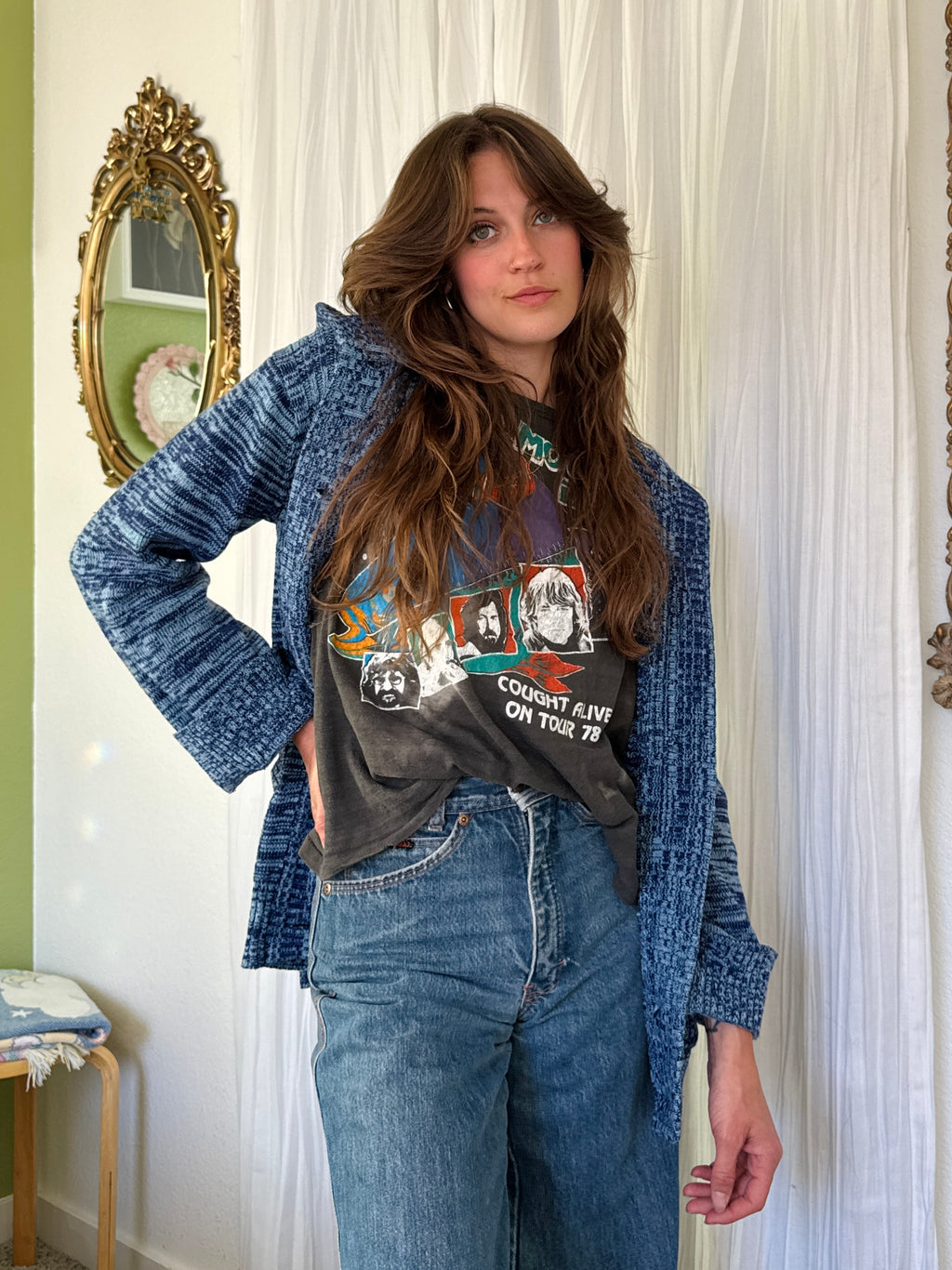 70s Blue Space Dye Hooded Toggle Sweater