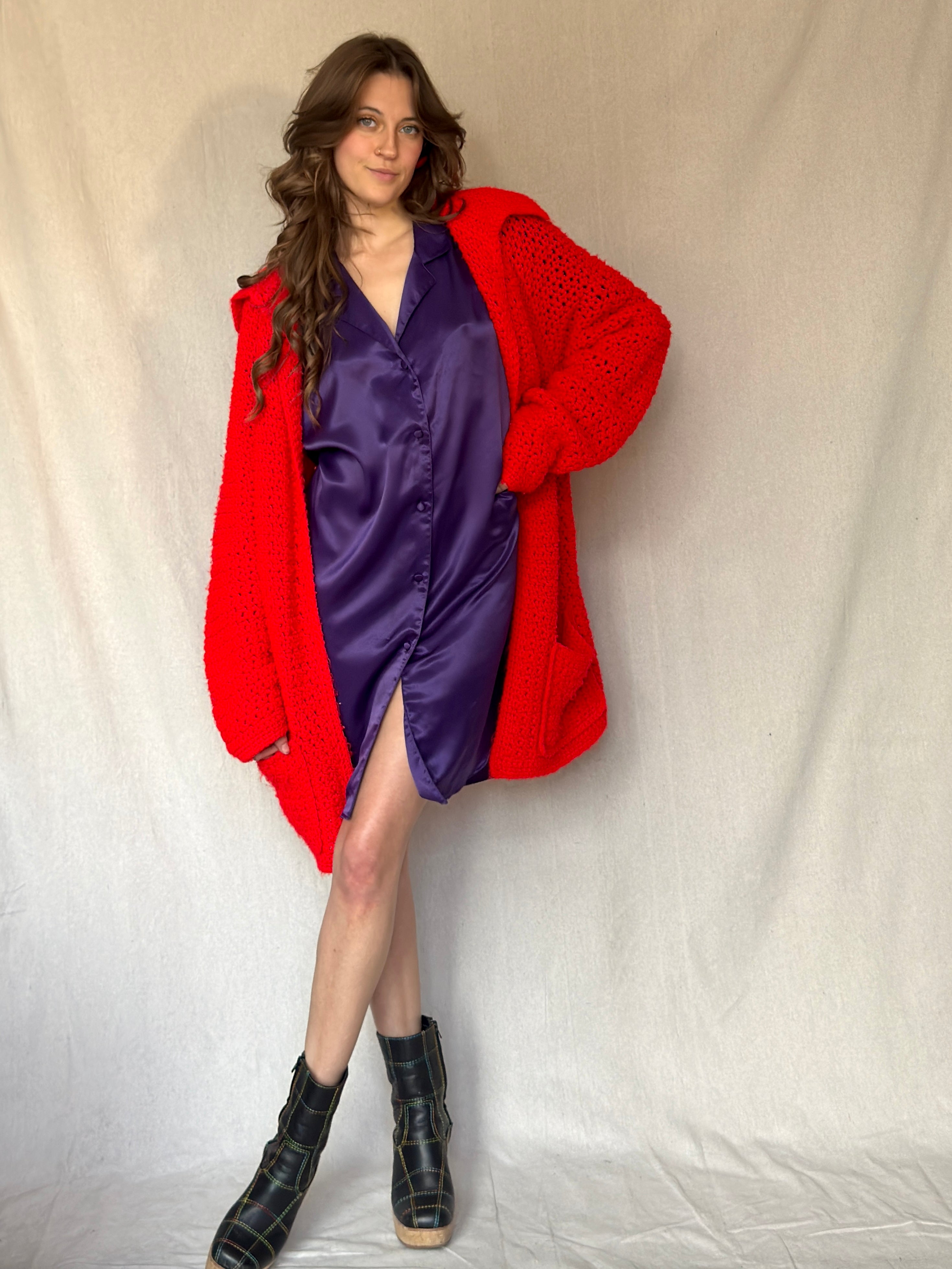 Bright Red Chunky Cardigan Sweater