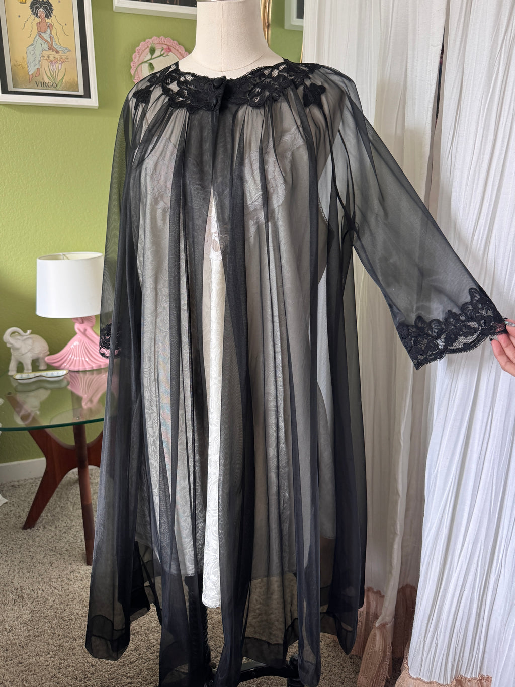 60s Sheer Black Nylon Negligee & Peignoir Set