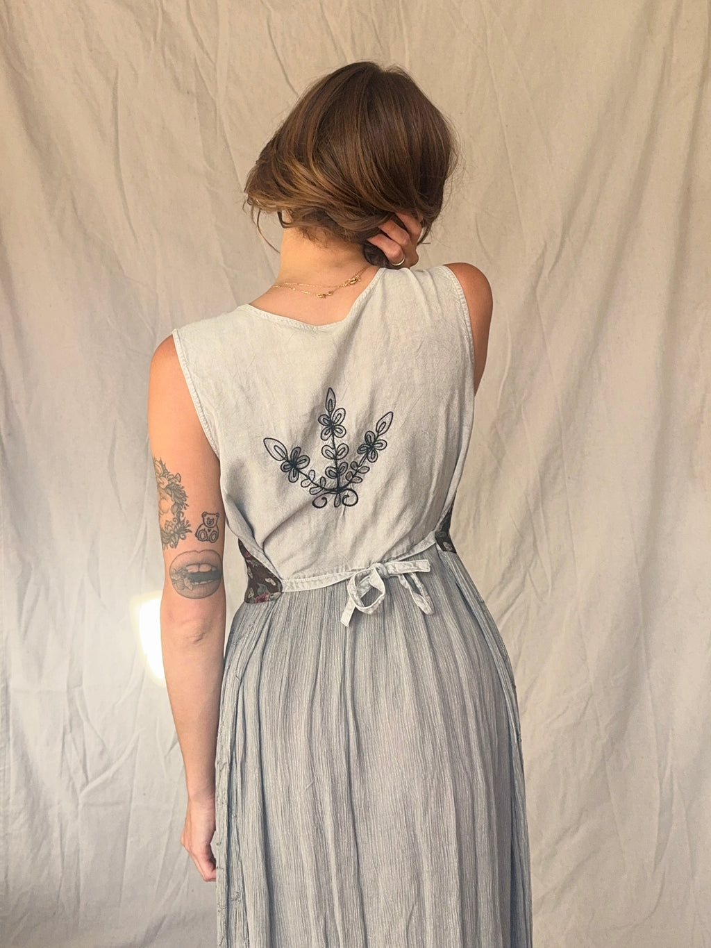 90s Grey Patchwork Whimsigoth Embroidered Fairy Maxi Dress