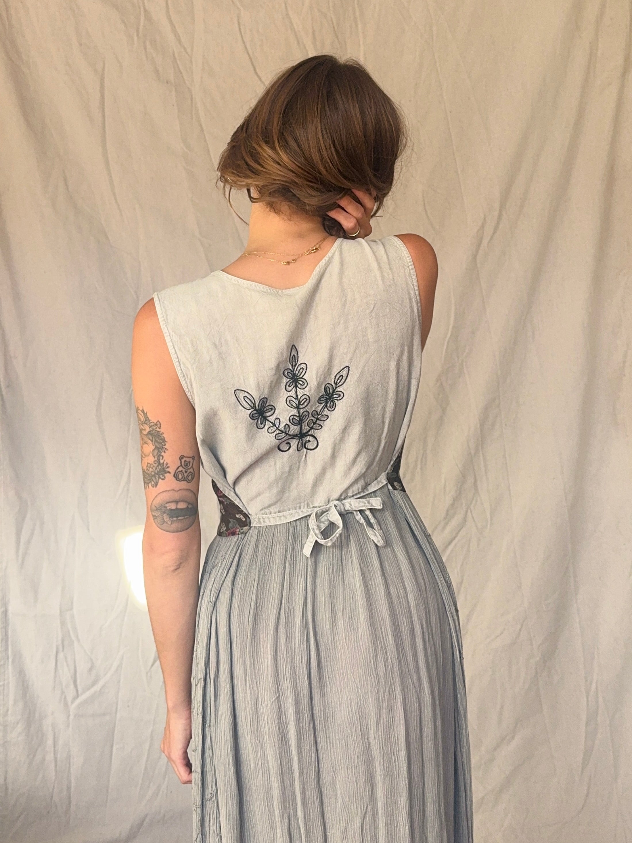 90s Grey Patchwork Whimsigoth Embroidered Fairy Maxi Dress