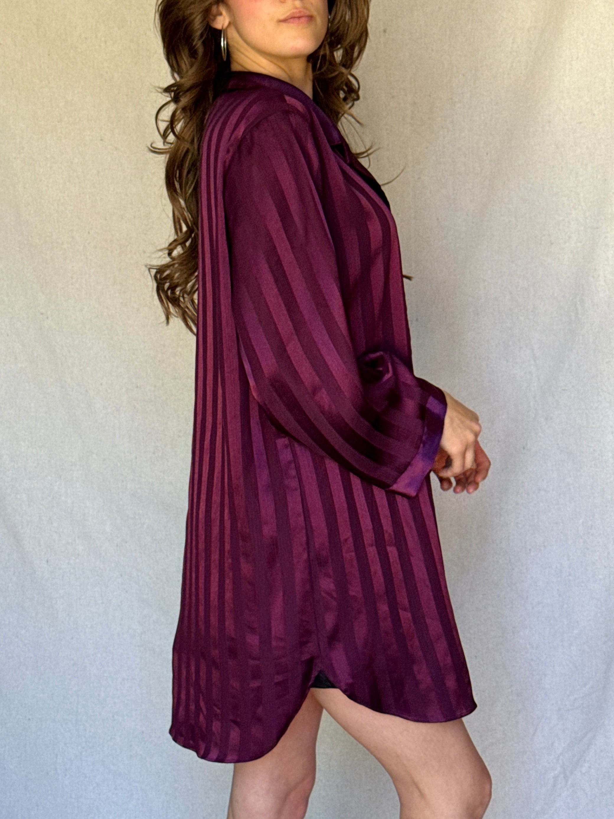90s Cabernet Red Satin Striped Button Up Blouse