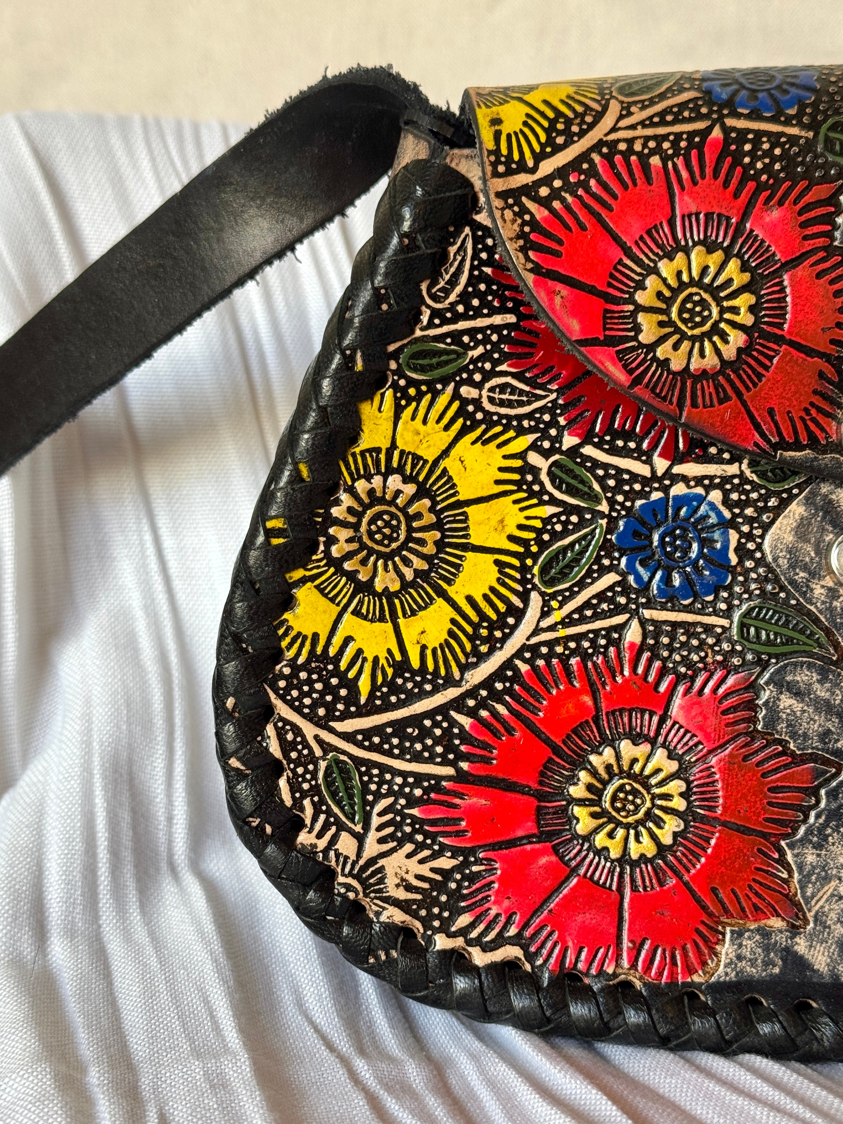 Black Leather Hand Tooled and Painted Peacock Flower Crossbody Bag