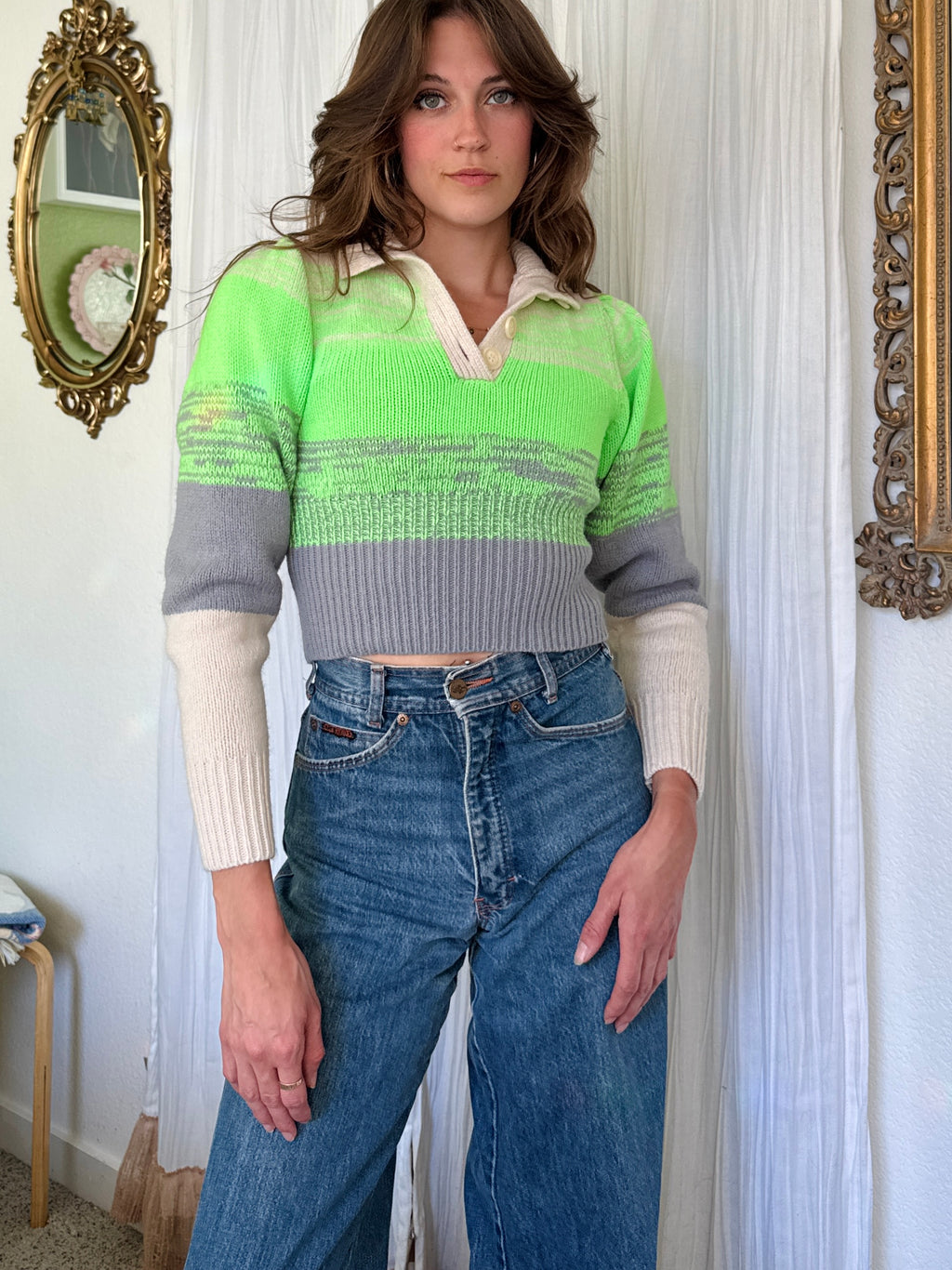 Electric Green Modern Wool Blend Henley Sweater