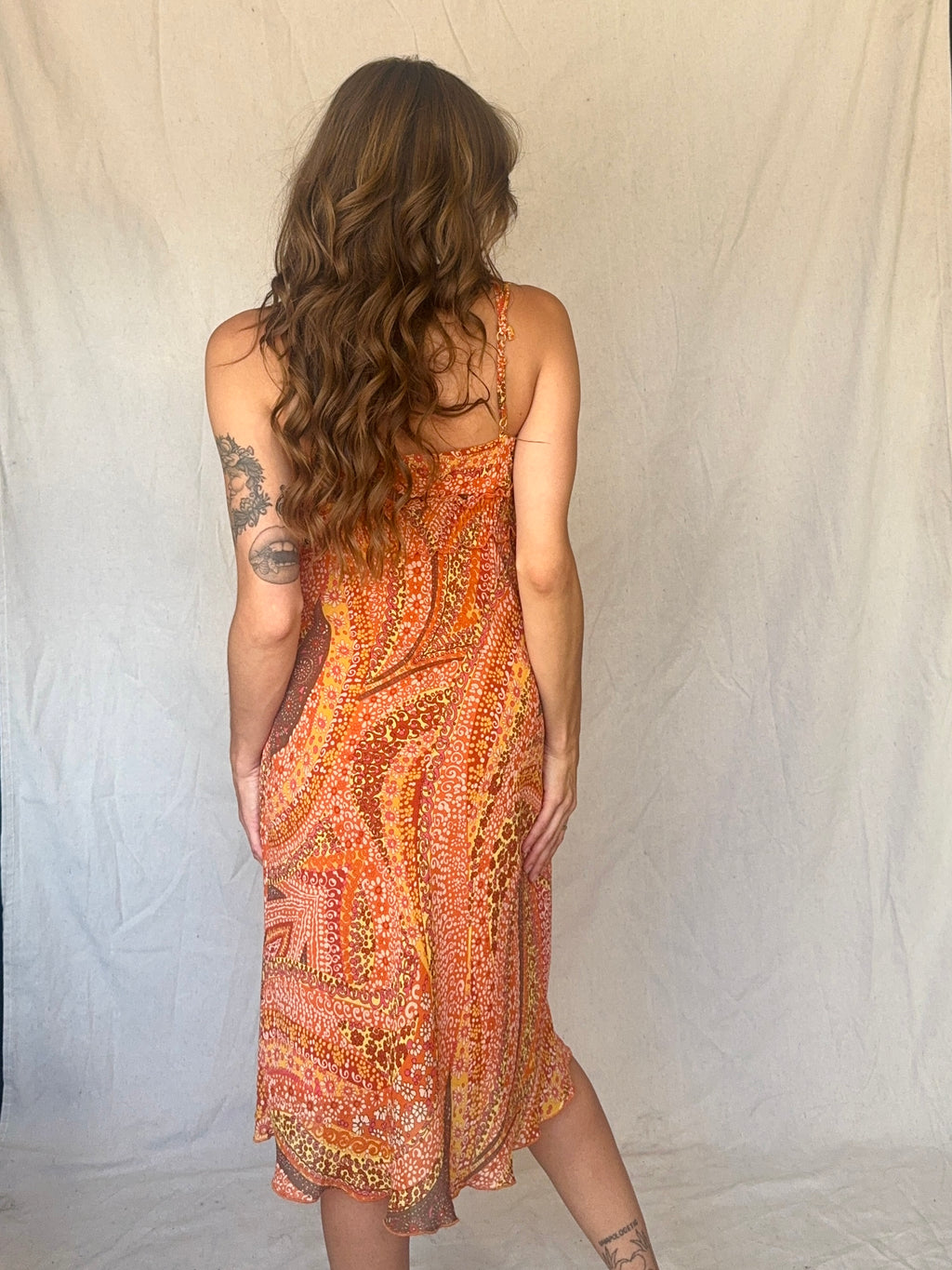 Orange Floral Swirl Ruffled Strappy Sundress (Modern)