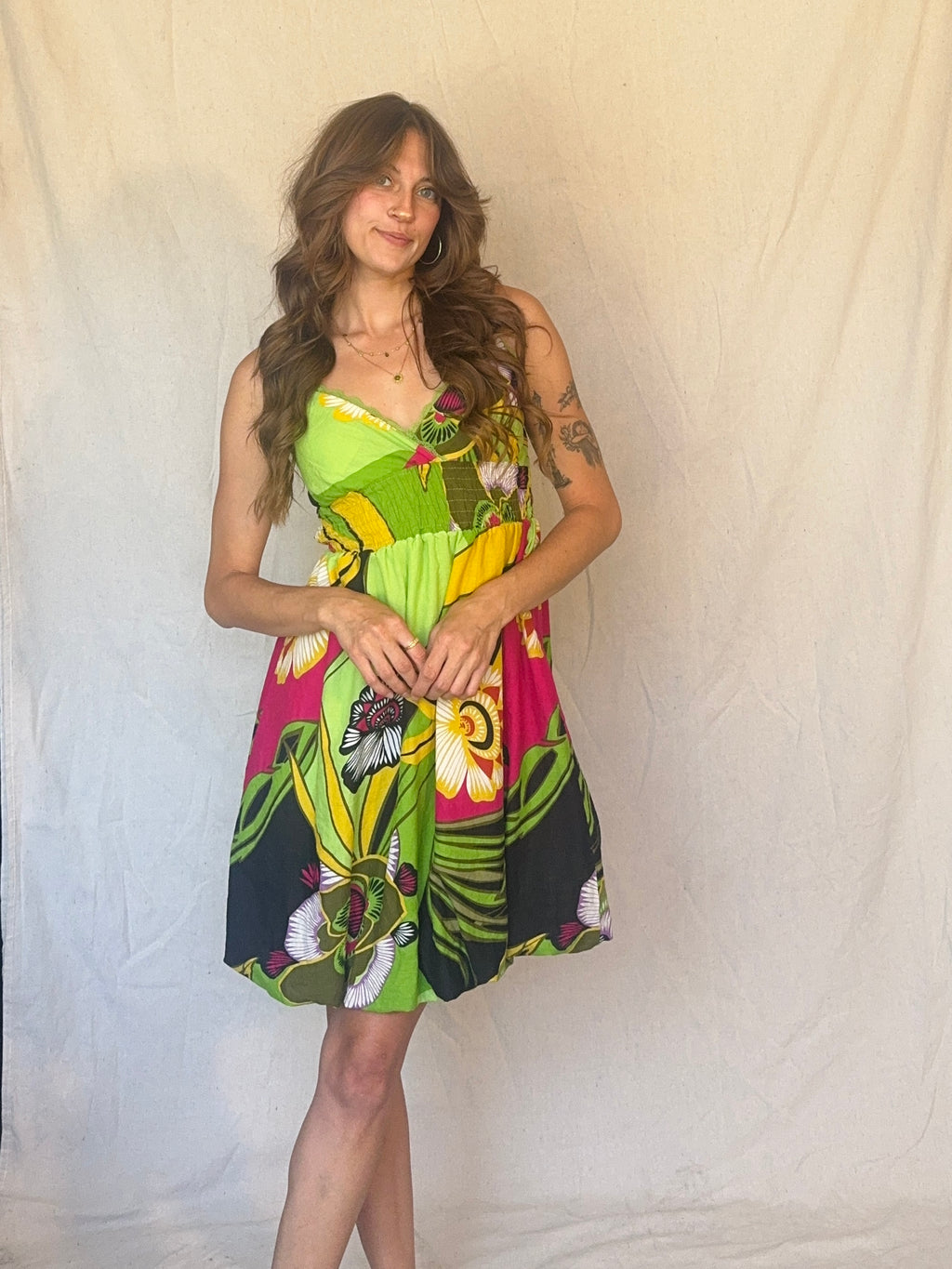 Y2K Green and Pink Cotton Floral Strappy Sun Dress