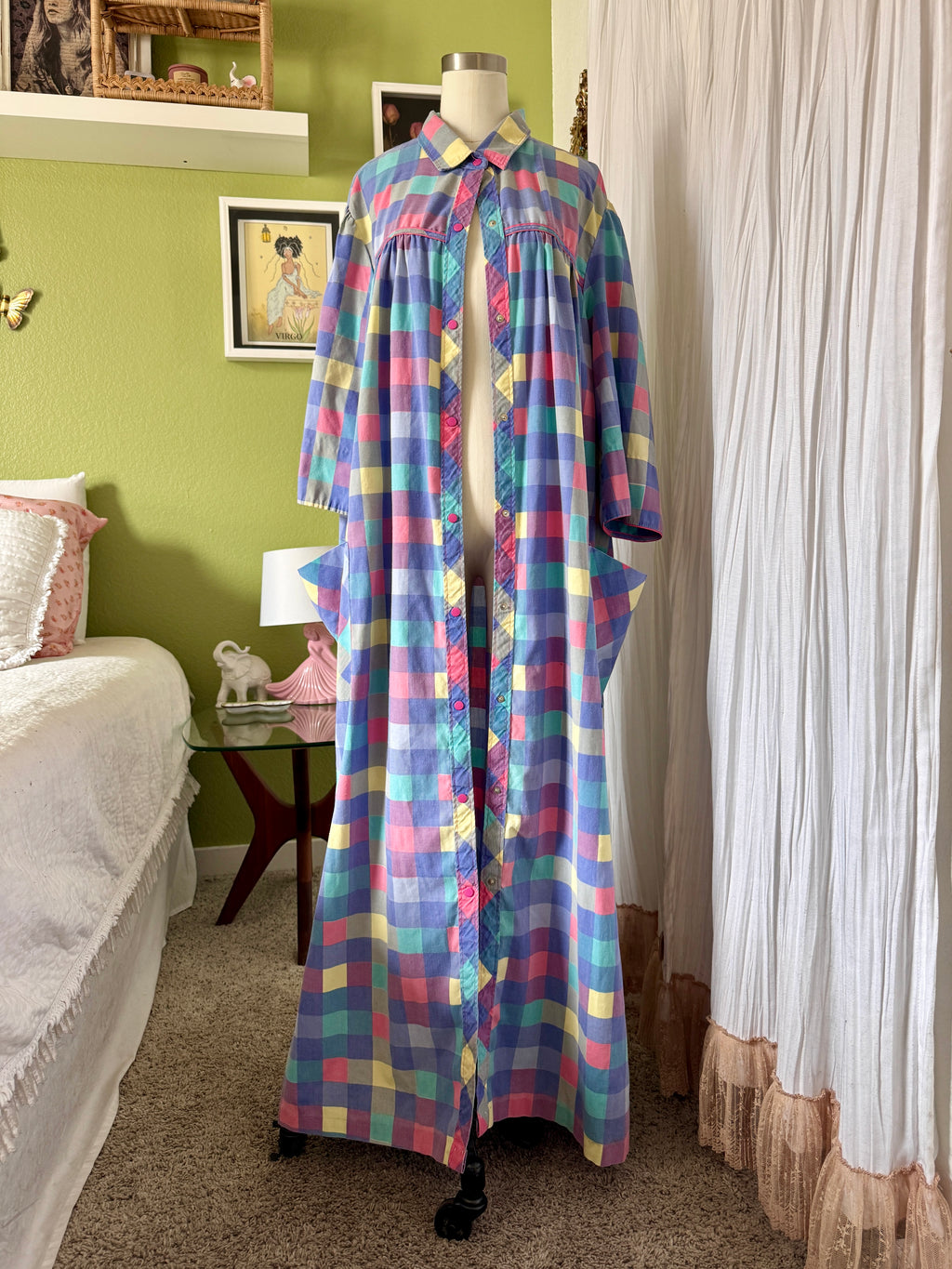 80s Purple Color Block Pearl Snap Duster Housecoat