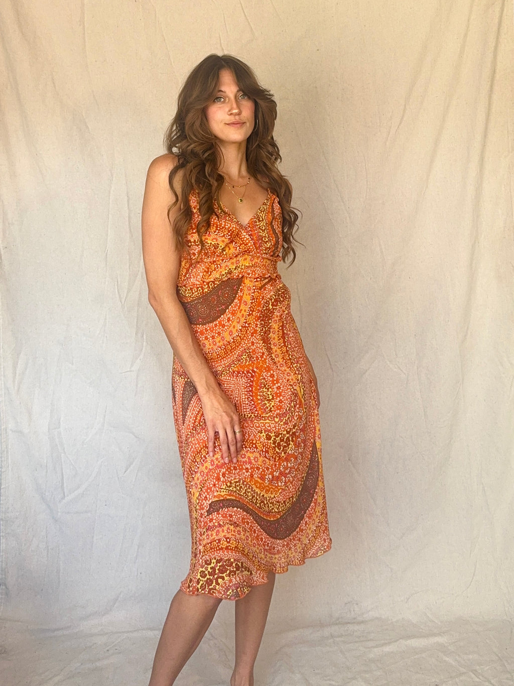 Orange Floral Swirl Ruffled Strappy Sundress (Modern)