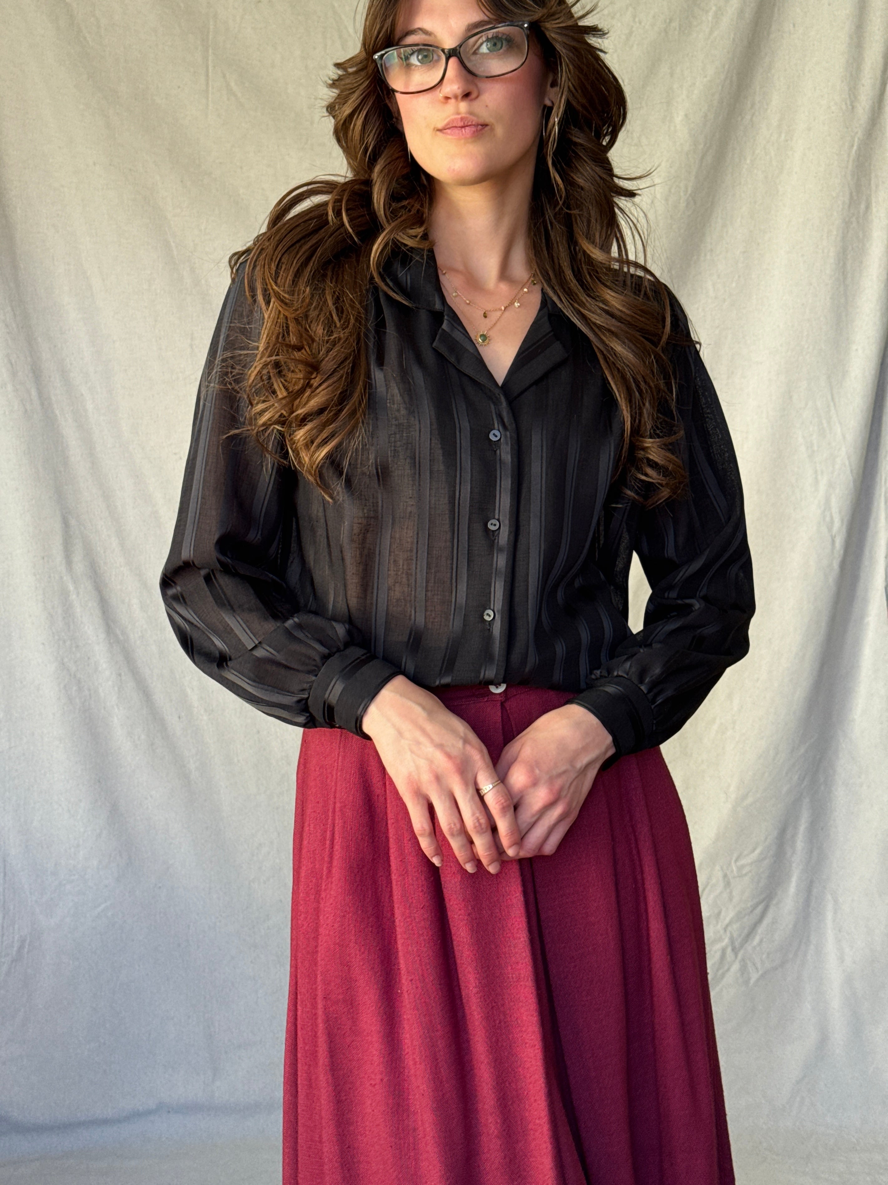 90s Sheer Black Striped Button Up Blouse