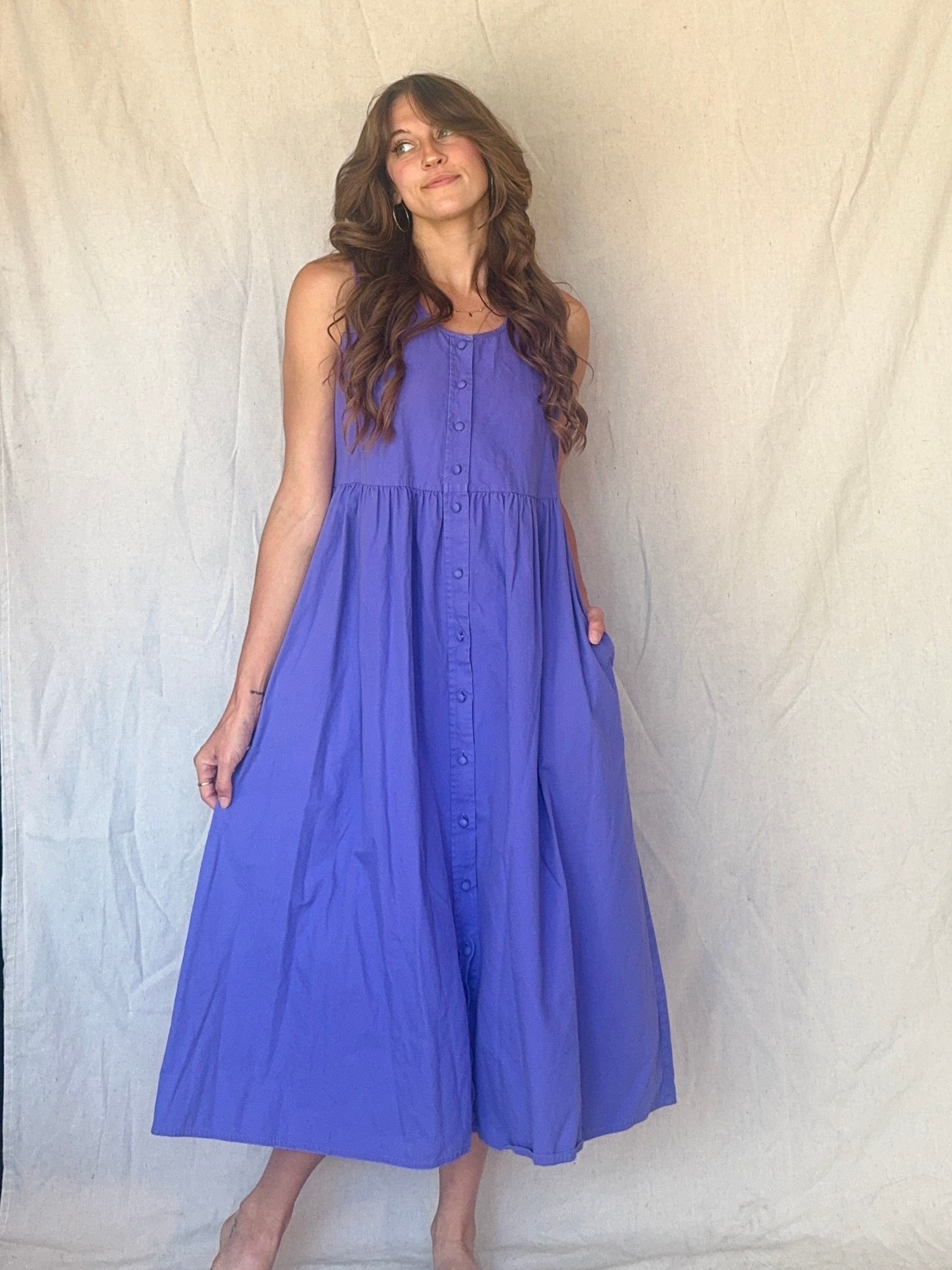 80s Periwinkle Purple Cotton Button Up Pinafore Jumper Dress