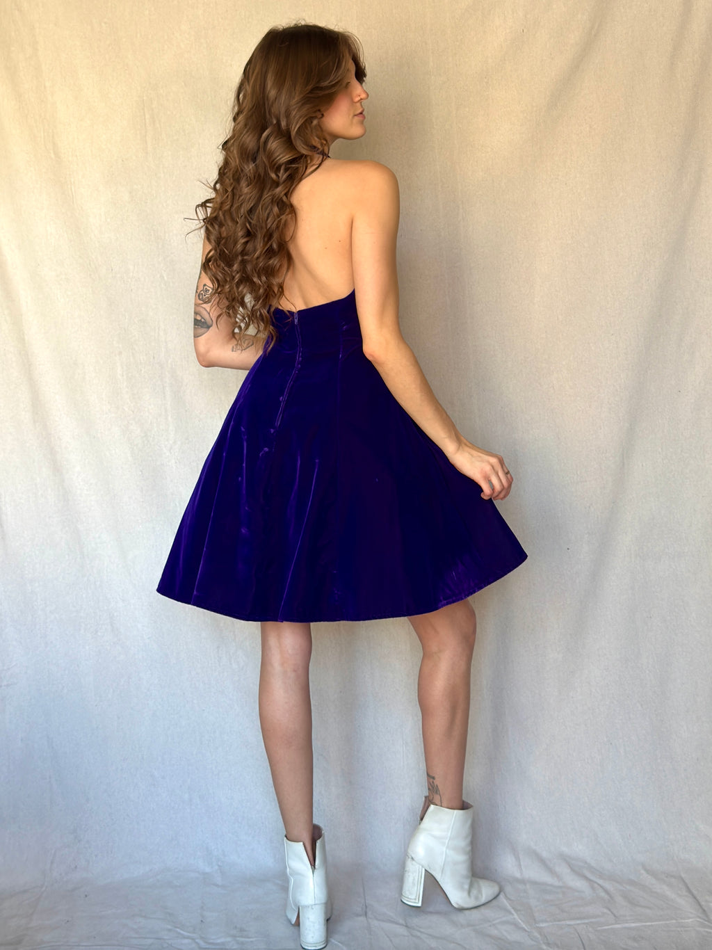 90s Purple Velvet Halter Mini Cocktail Dress