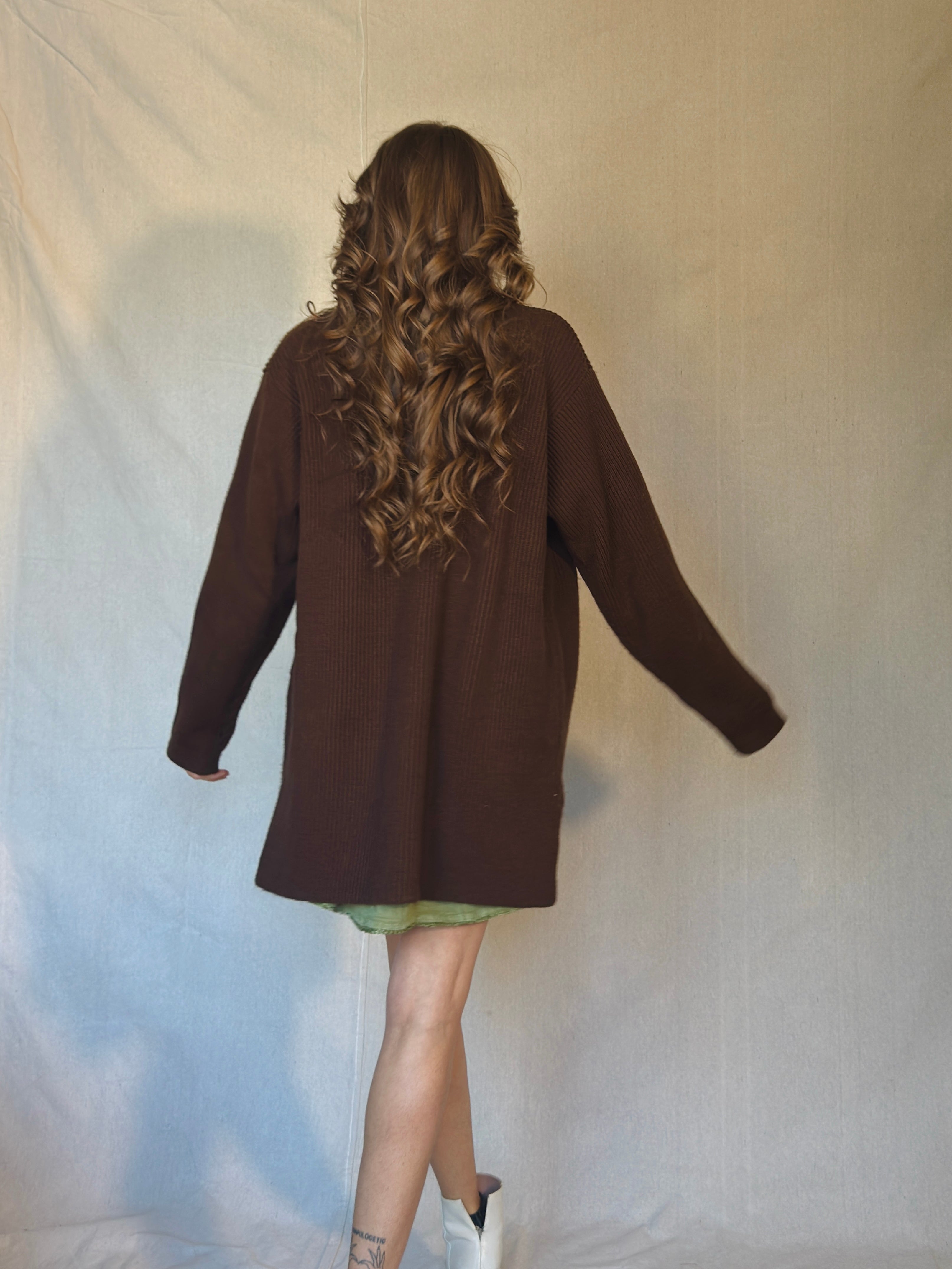 90s Brown Ribbed Cardigan Sweater
