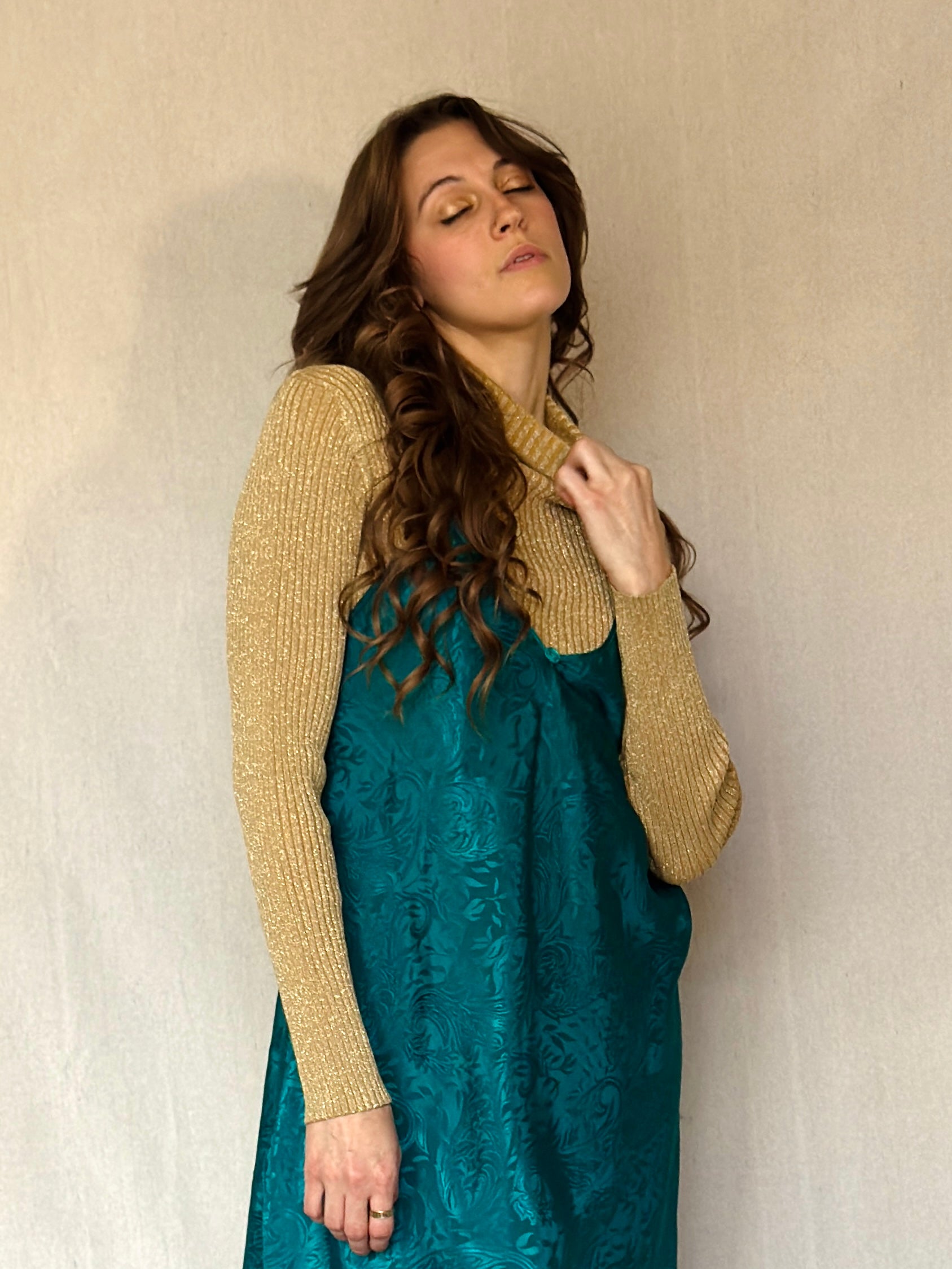 80s Gold Lurex Ribbed Turtleneck Sweater