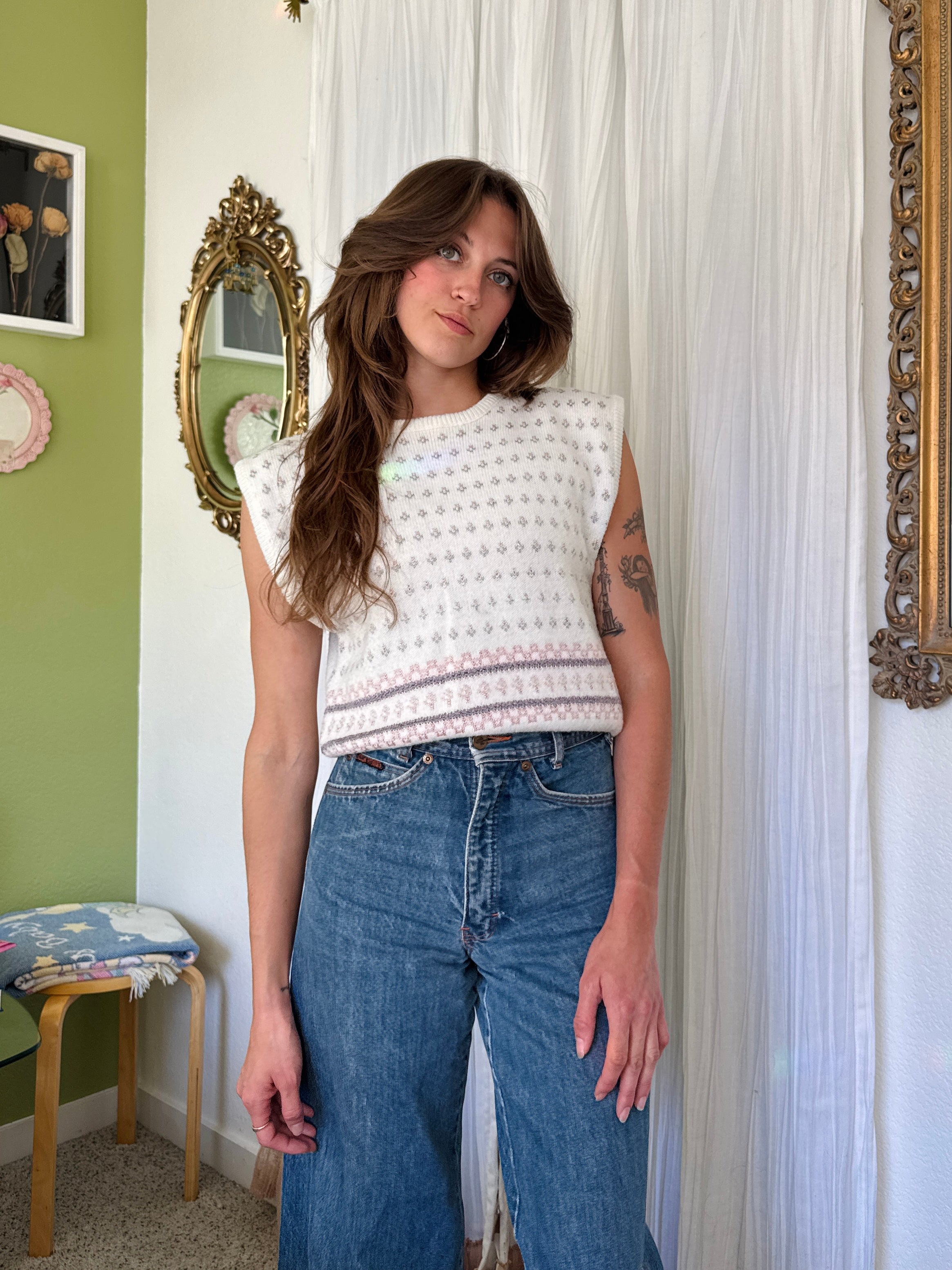 80s Cream Floral Knit Sweater Vest