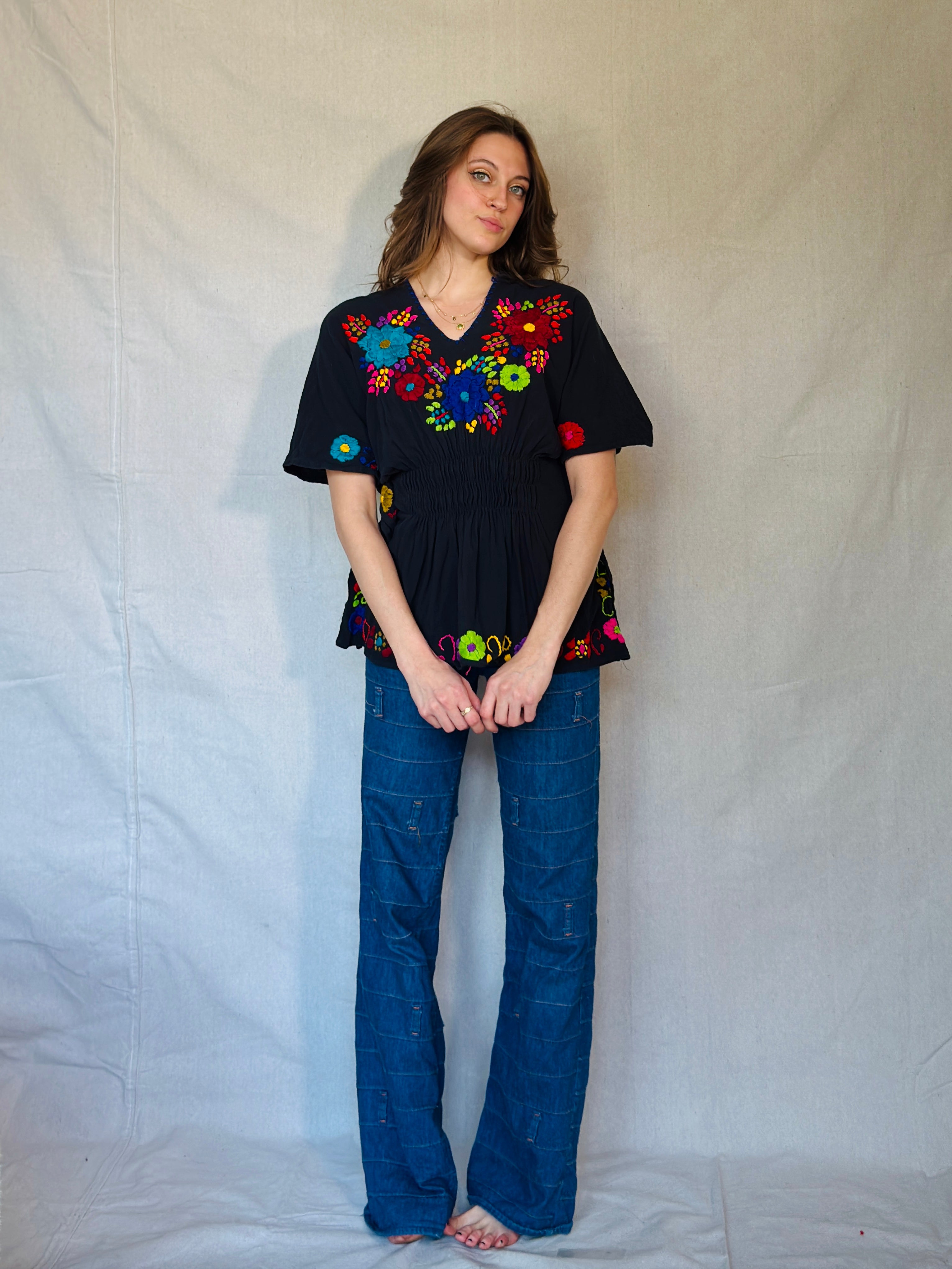 Black Hand Embroidered Peasant Blouse