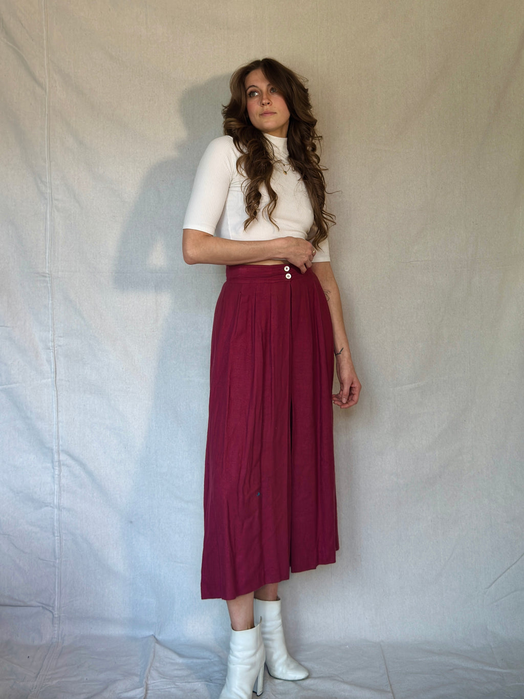 70s Burgundy Pleated Midi Skirt