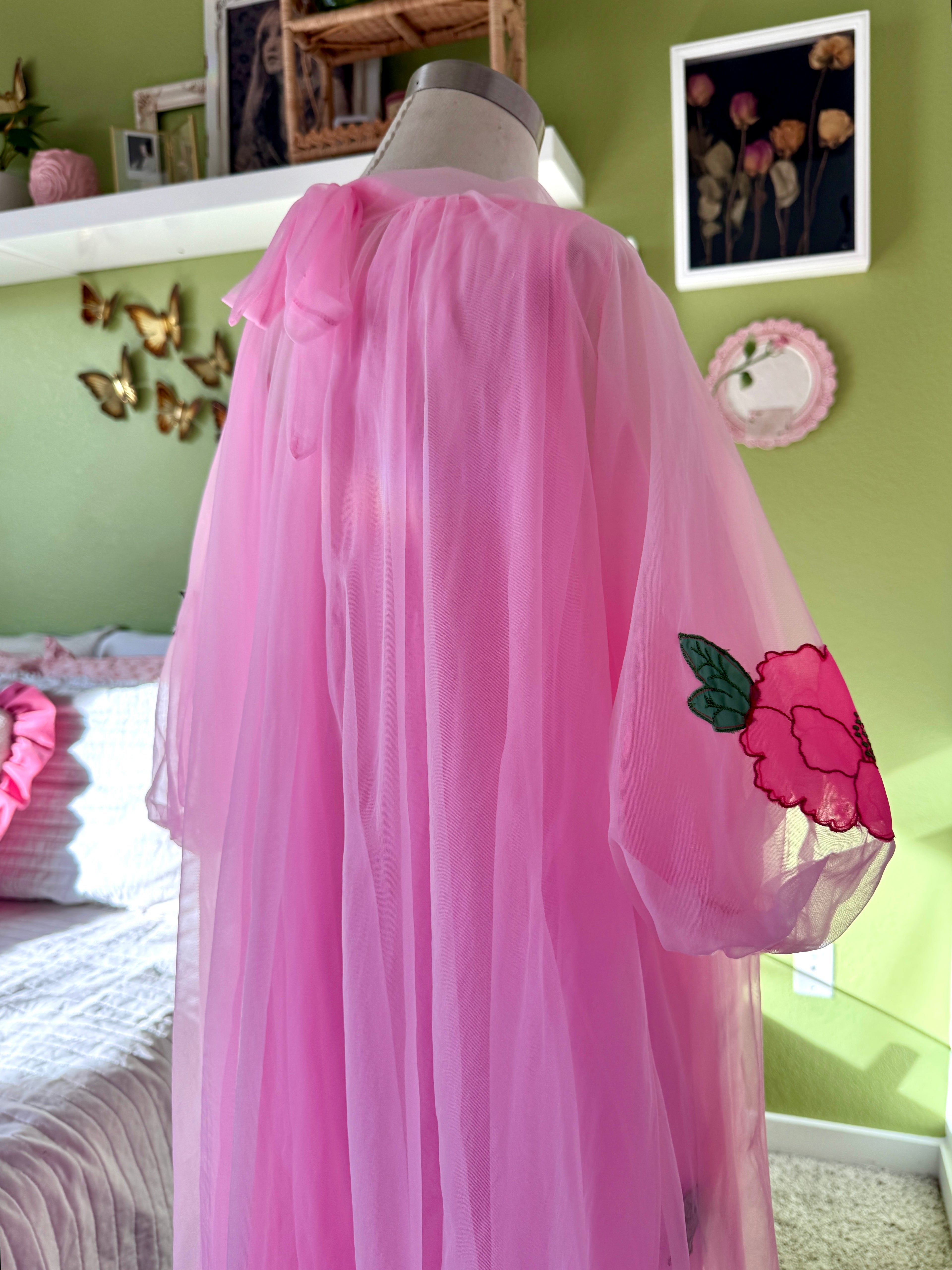 60s Pink Dayglo Nylon Hibiscus Flower Neglige & Peignoir Set