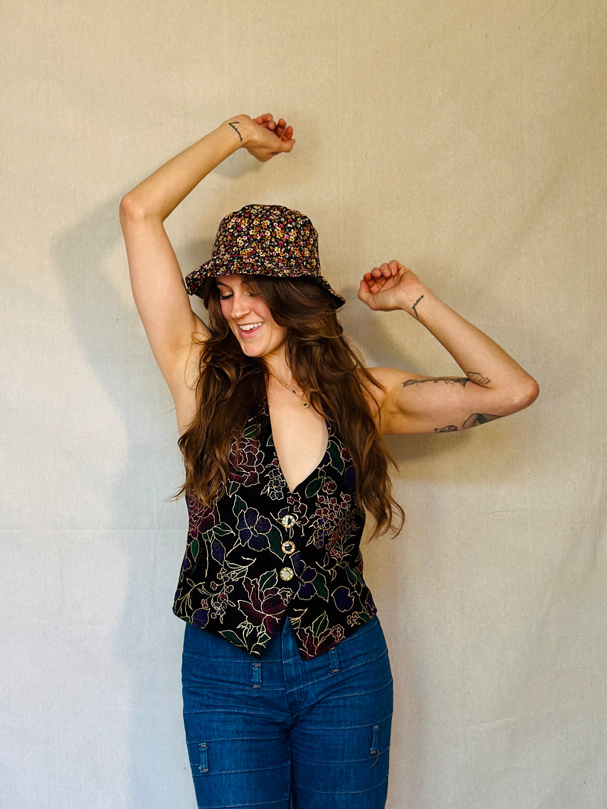 80s Black Velvet Floral Tux Vest