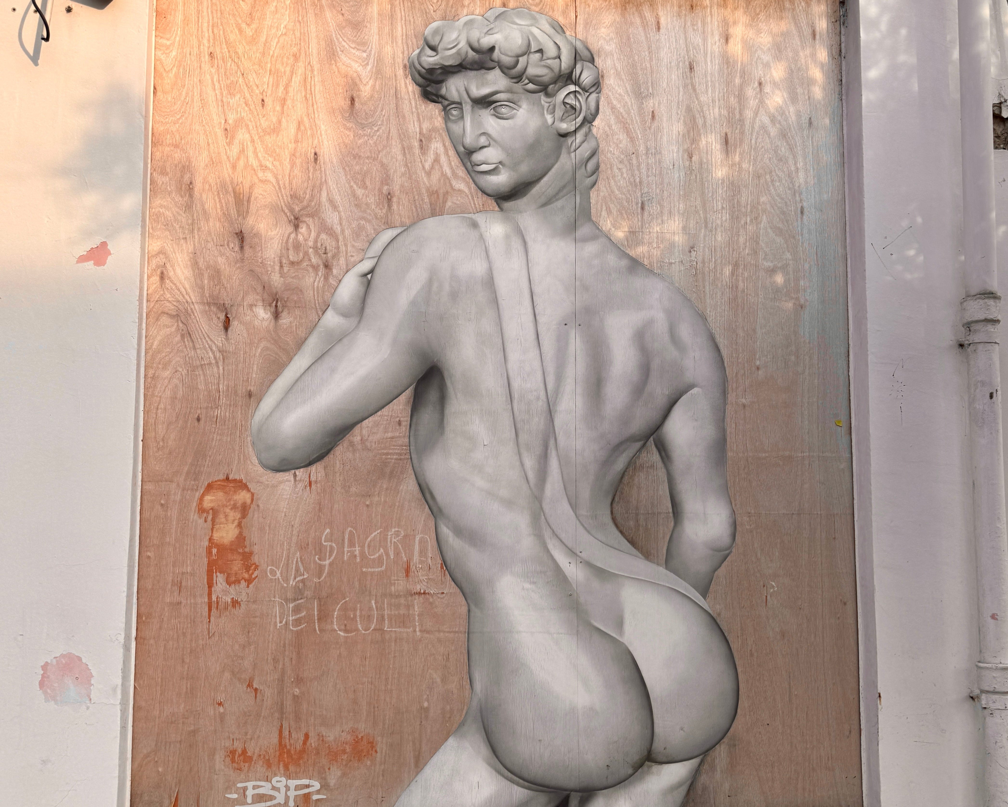 Mural of a male figure on a wall with a wooden panel