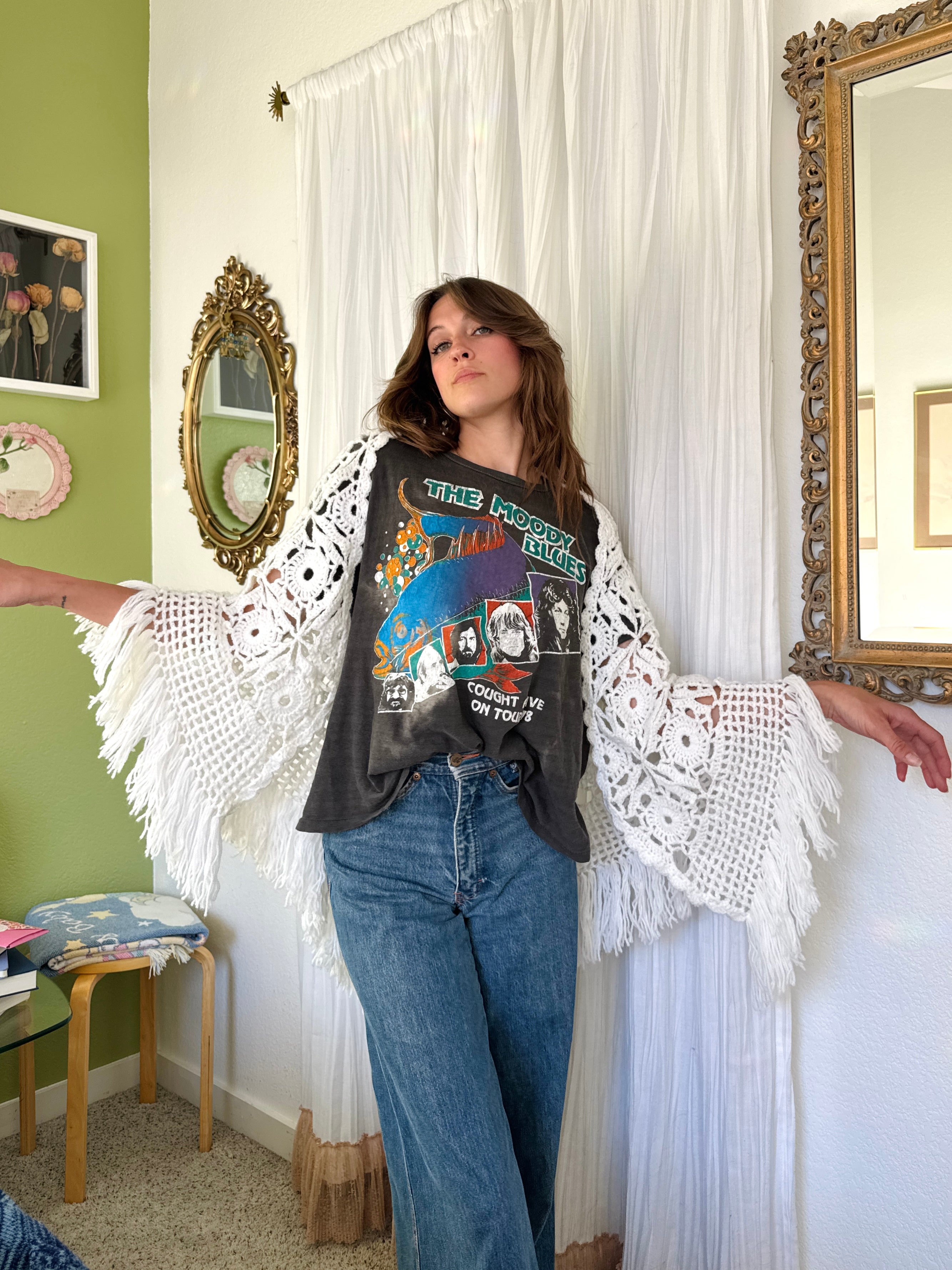 Vintage White Fringe Crochet Cottagecore Shawl